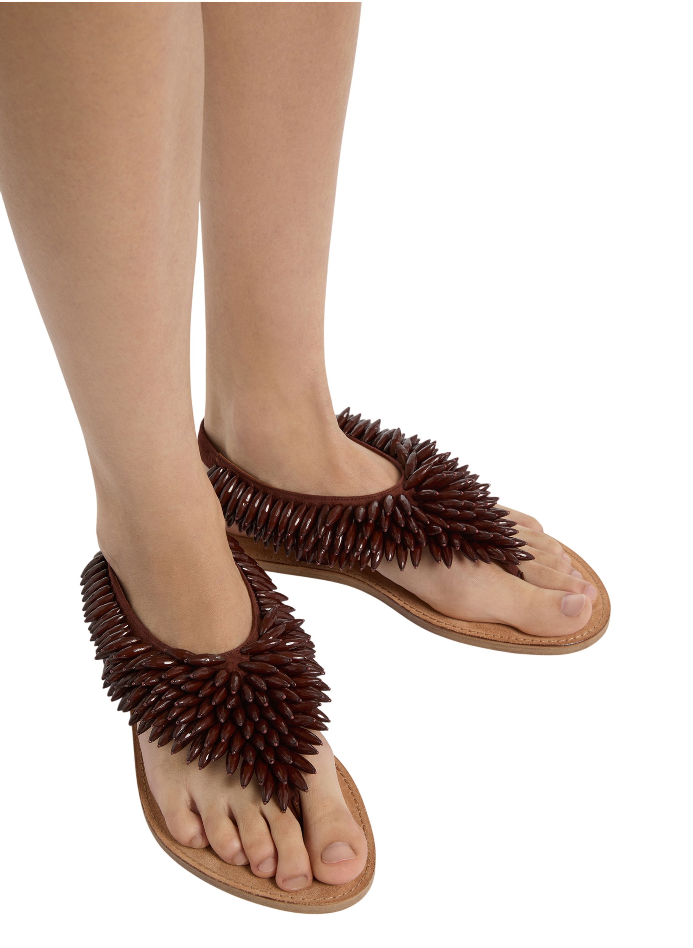 Sandales plates en cuir suédé et perles BALMAIN Marron