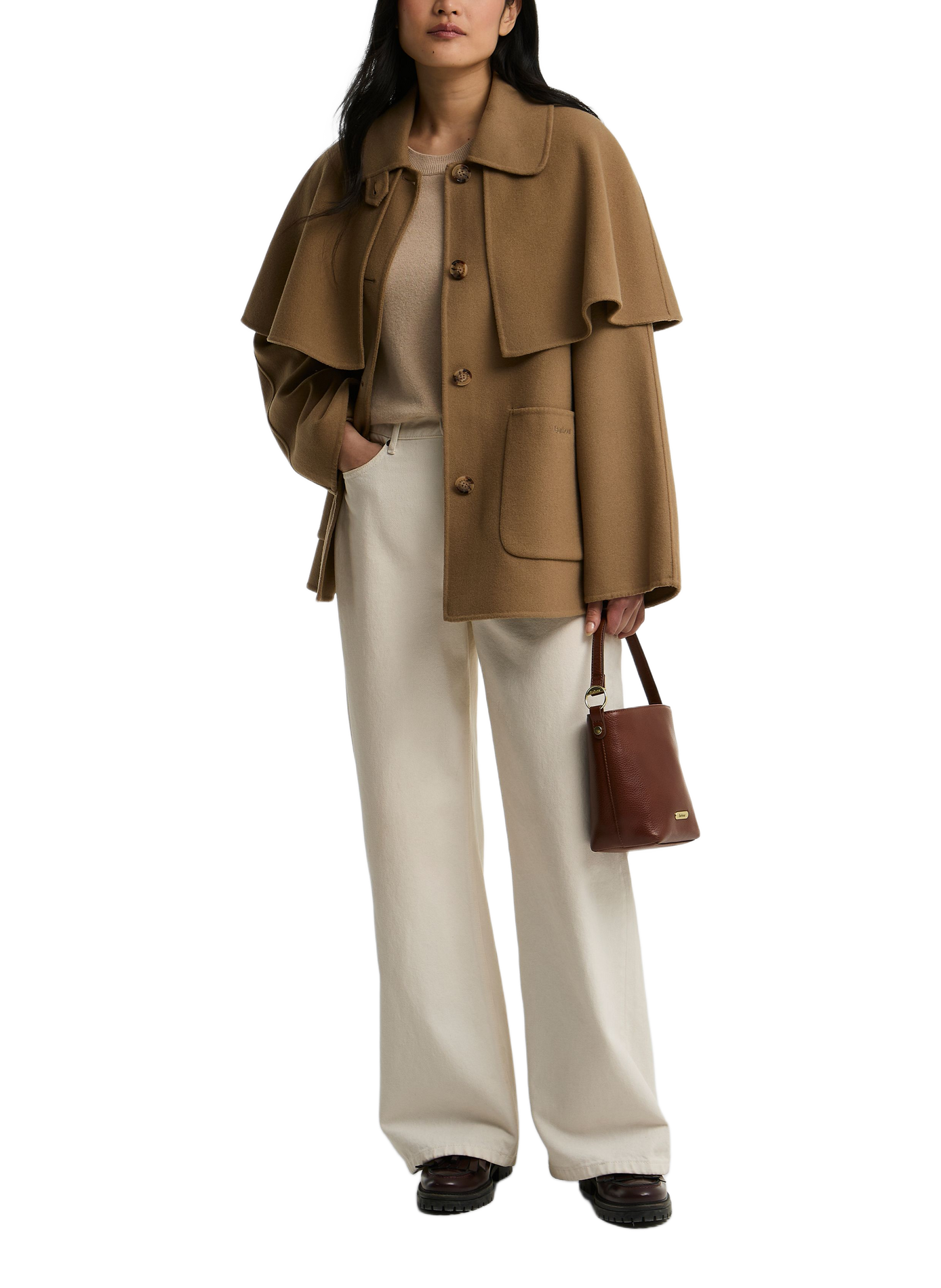Gerader Mantel mit klassischem Kragen und abnehmbarer Cape aus Wollmischung. BARBOUR Beige