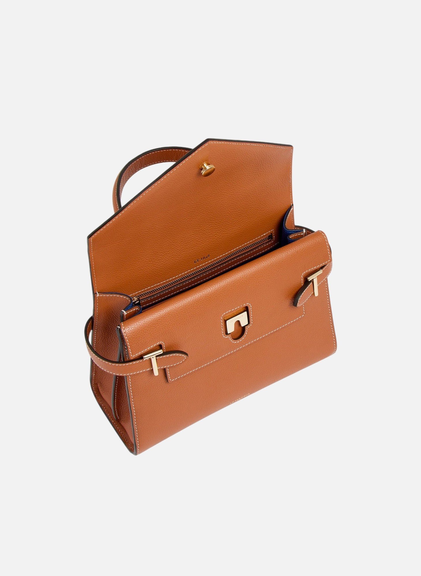 Sac à main double rabat moyen modèle emilie en cuir grainé LE TANNEUR Marron