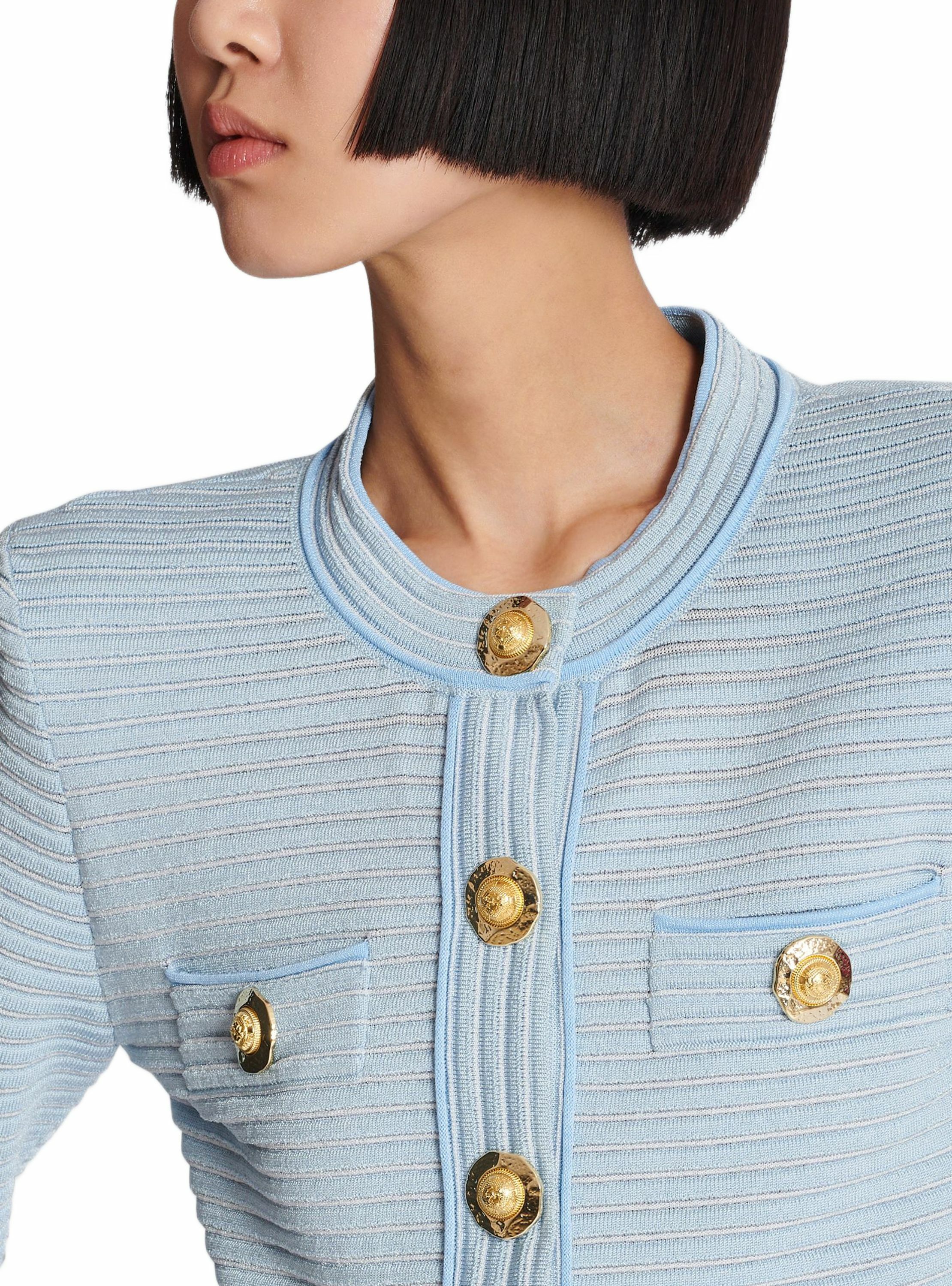 Cardigan à manches longues en maille reliefée BALMAIN Bleu