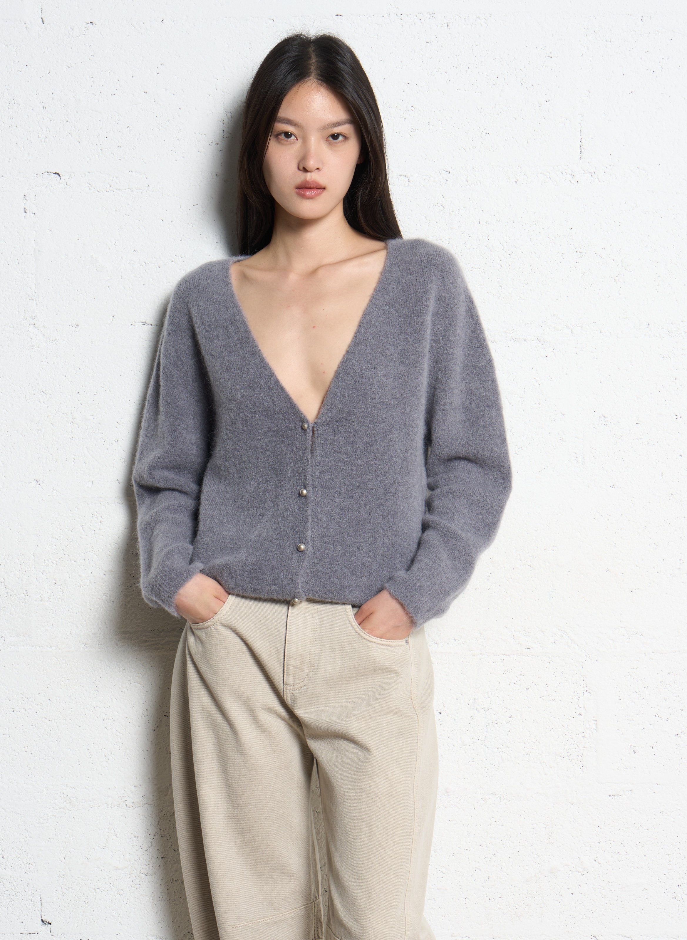 Gilet devant dos col v en laine mélangée IKKS Gris