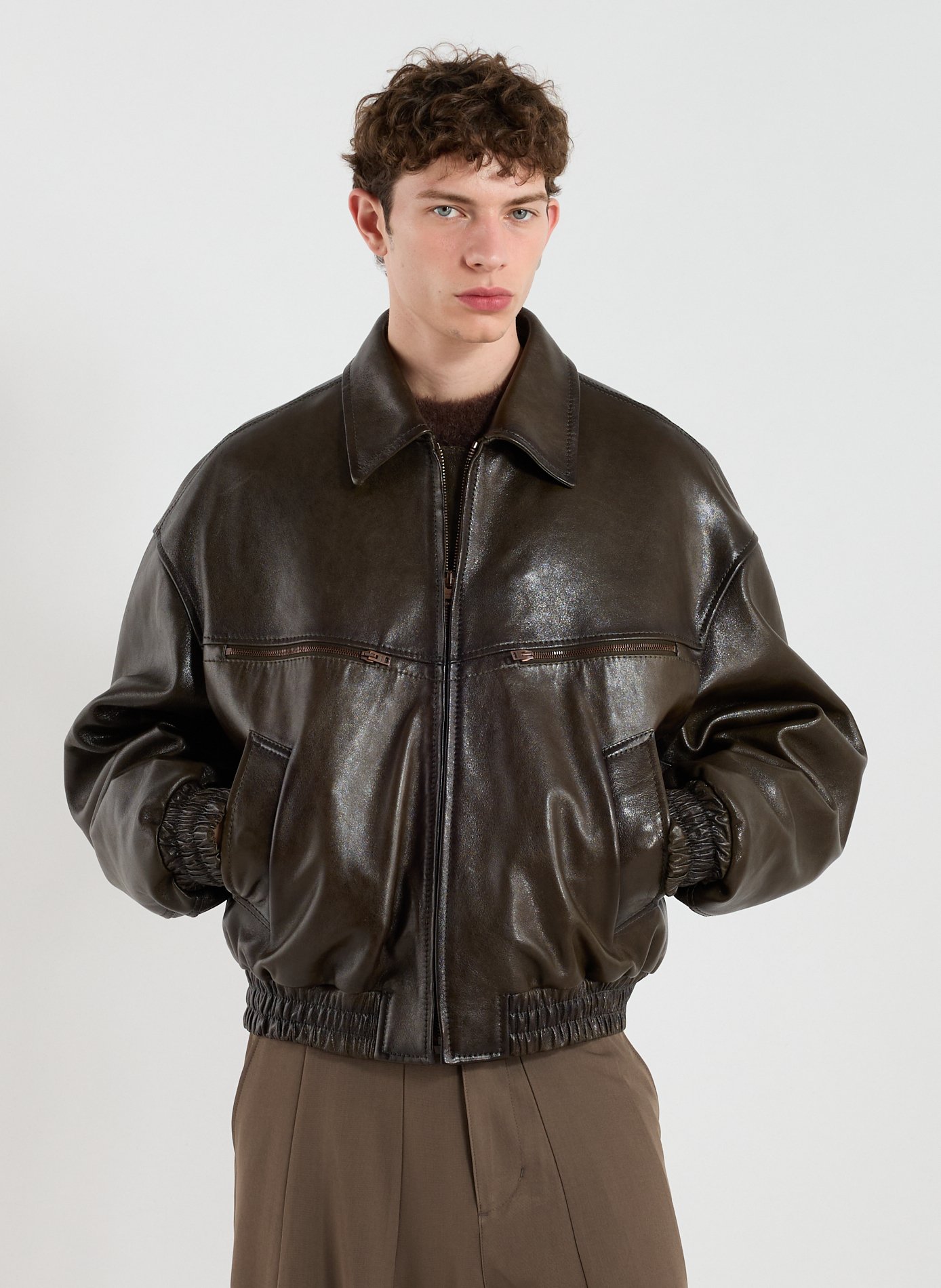 ACNE STUDIOS Blouson bomber en cuir d'agneau Kaki