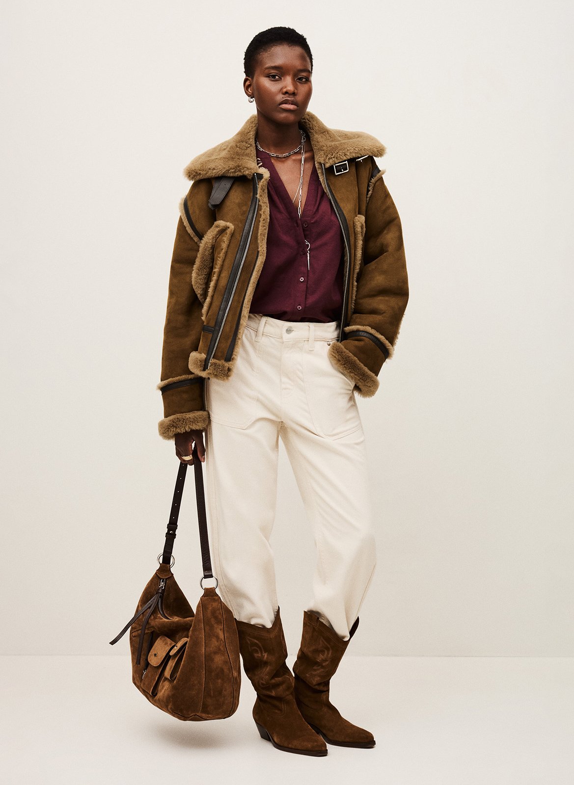 Veste droite col rabattu en cuir velours duli BA&SH Marron