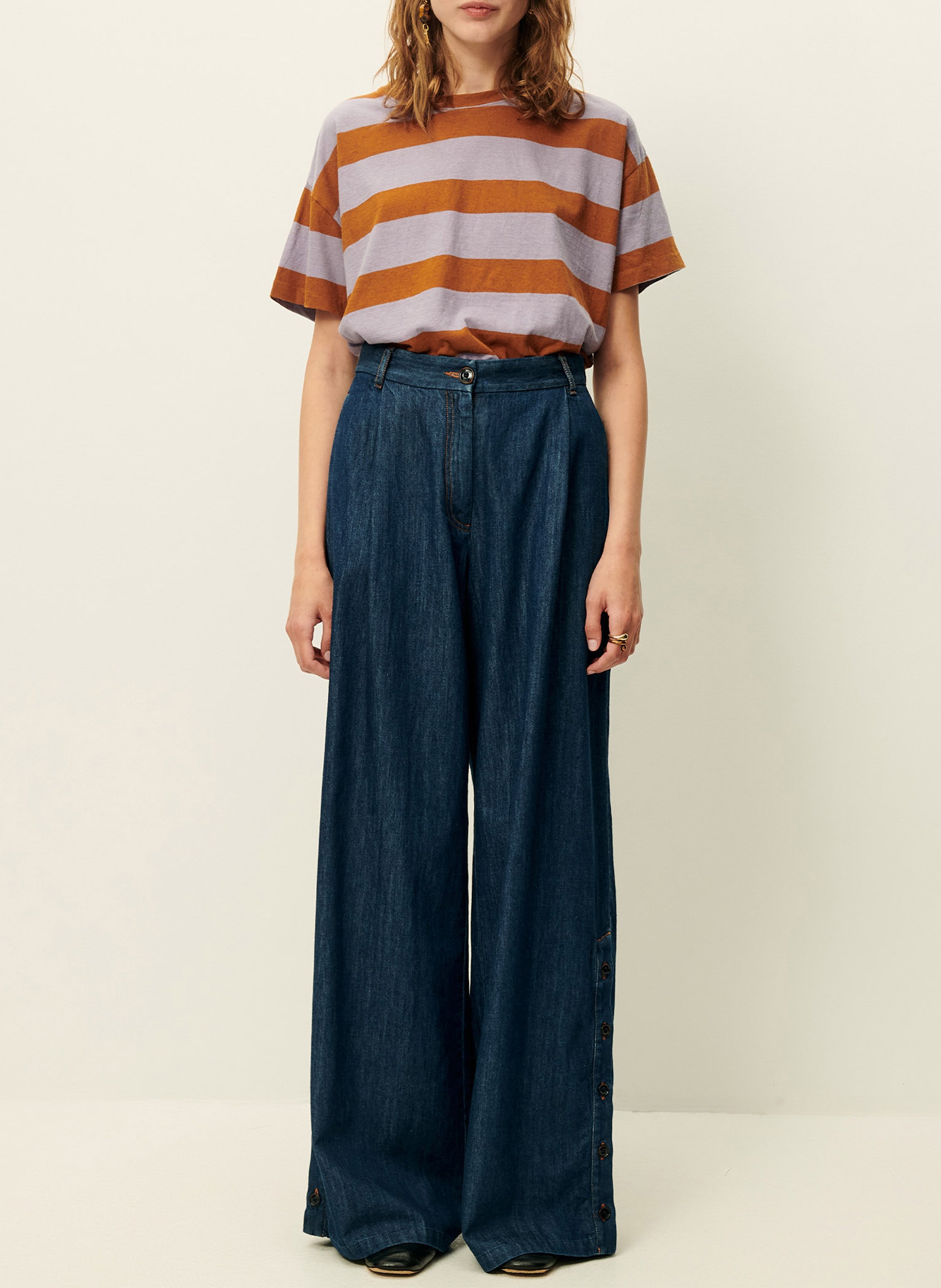 Tee-shirt ample col rond en coton mélangé rayé tooli SESSUN Violet