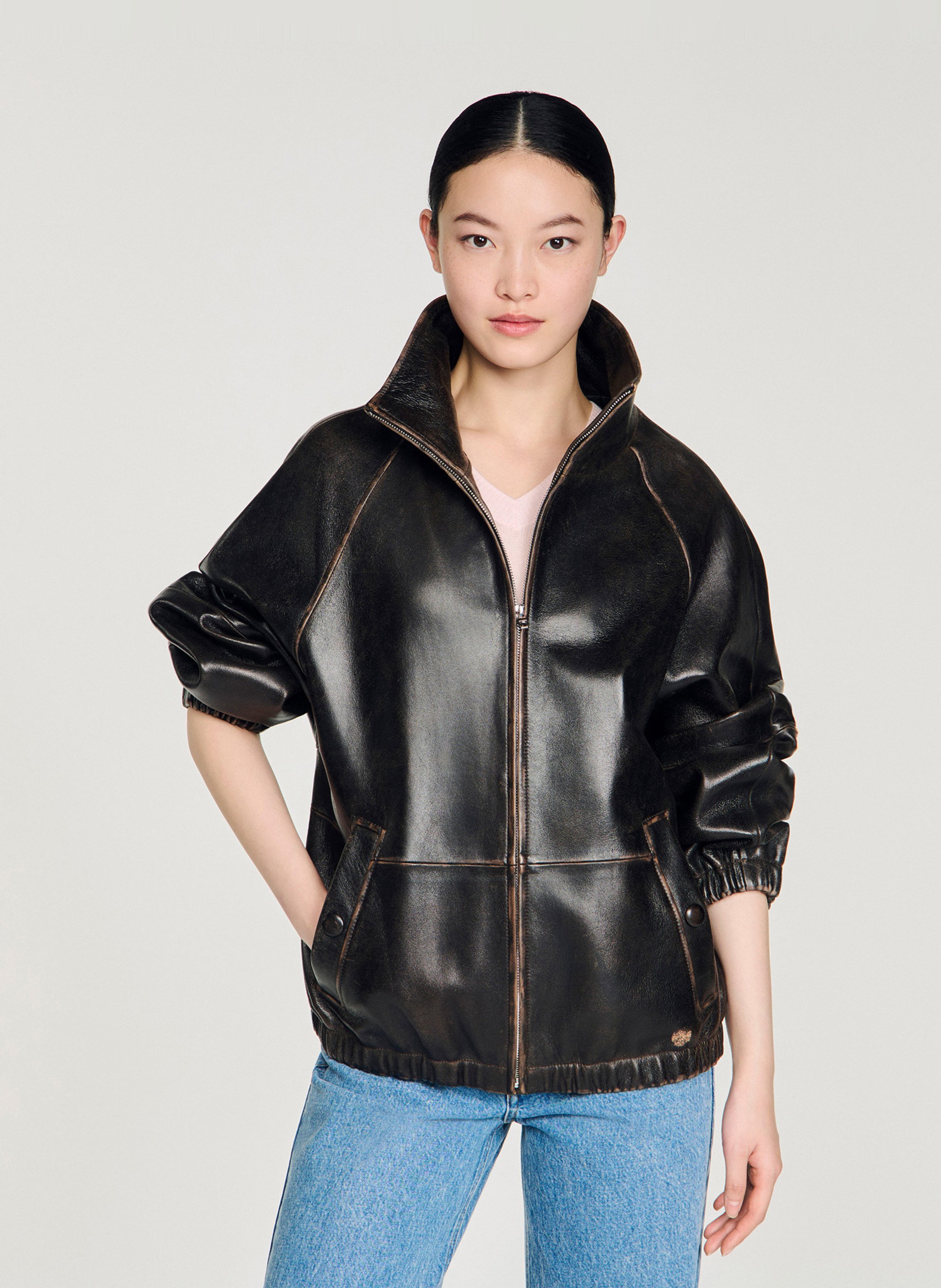 Blouson oversize en cuir SANDRO Marron