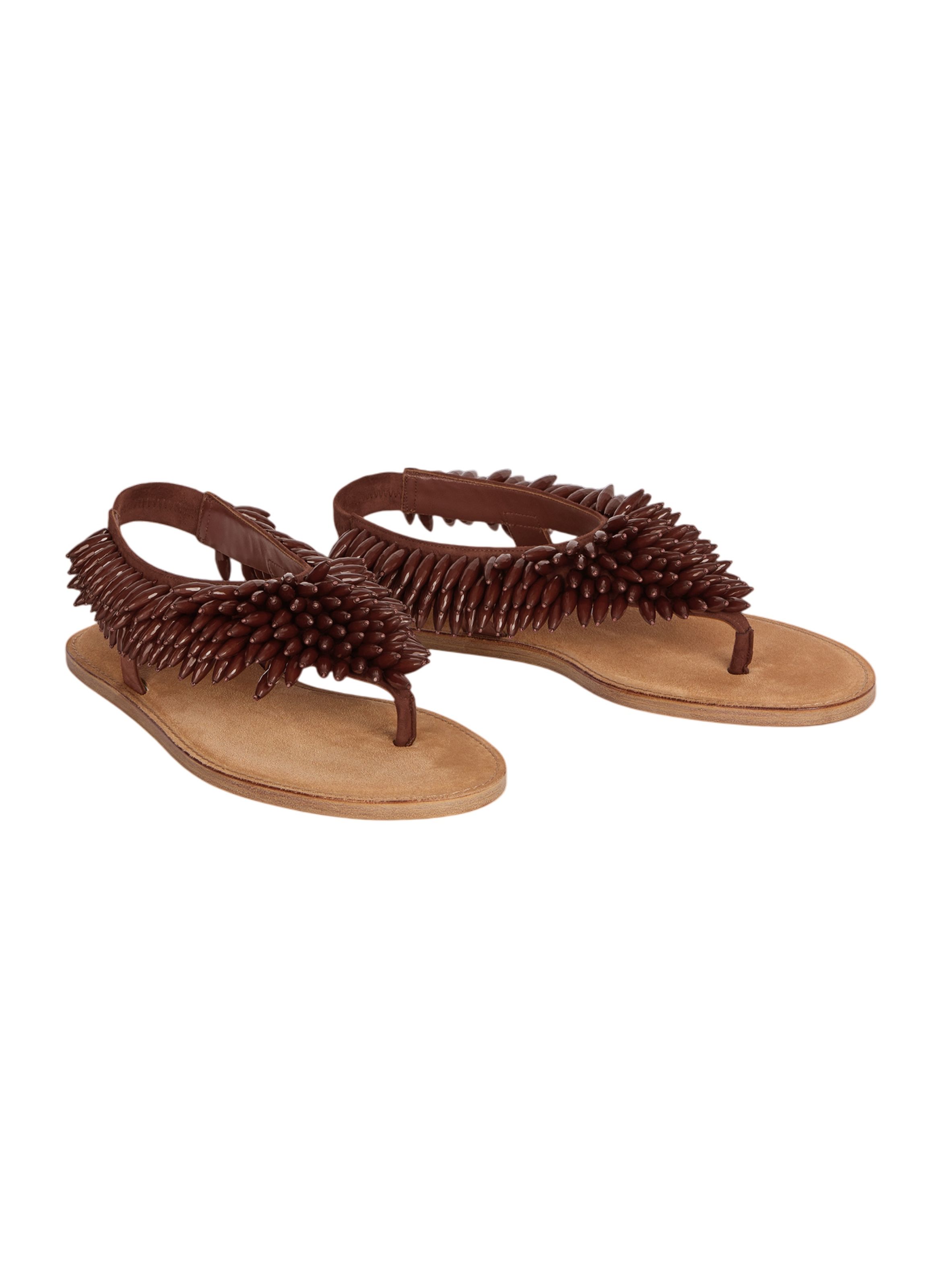Sandales plates en cuir suédé et perles BALMAIN Marron