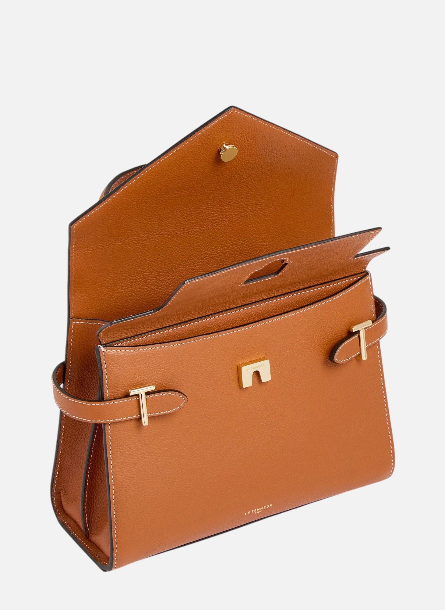 Sac à main double rabat moyen modèle emilie en cuir grainé LE TANNEUR Marron