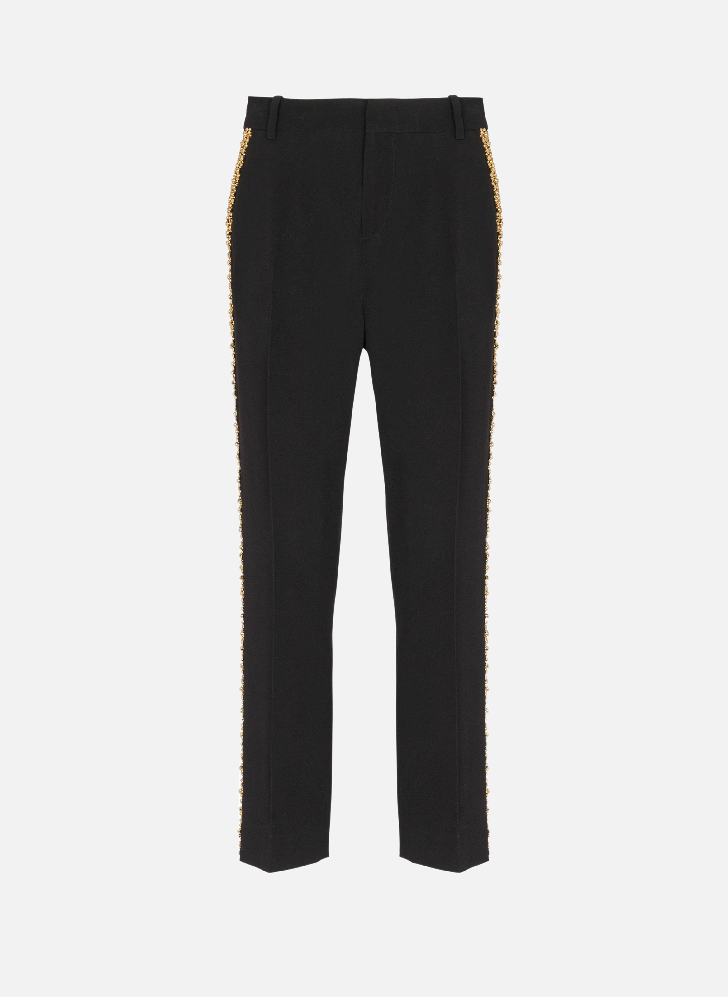 Pantalon tailleur droit en crêpe brodé BALMAIN Noir