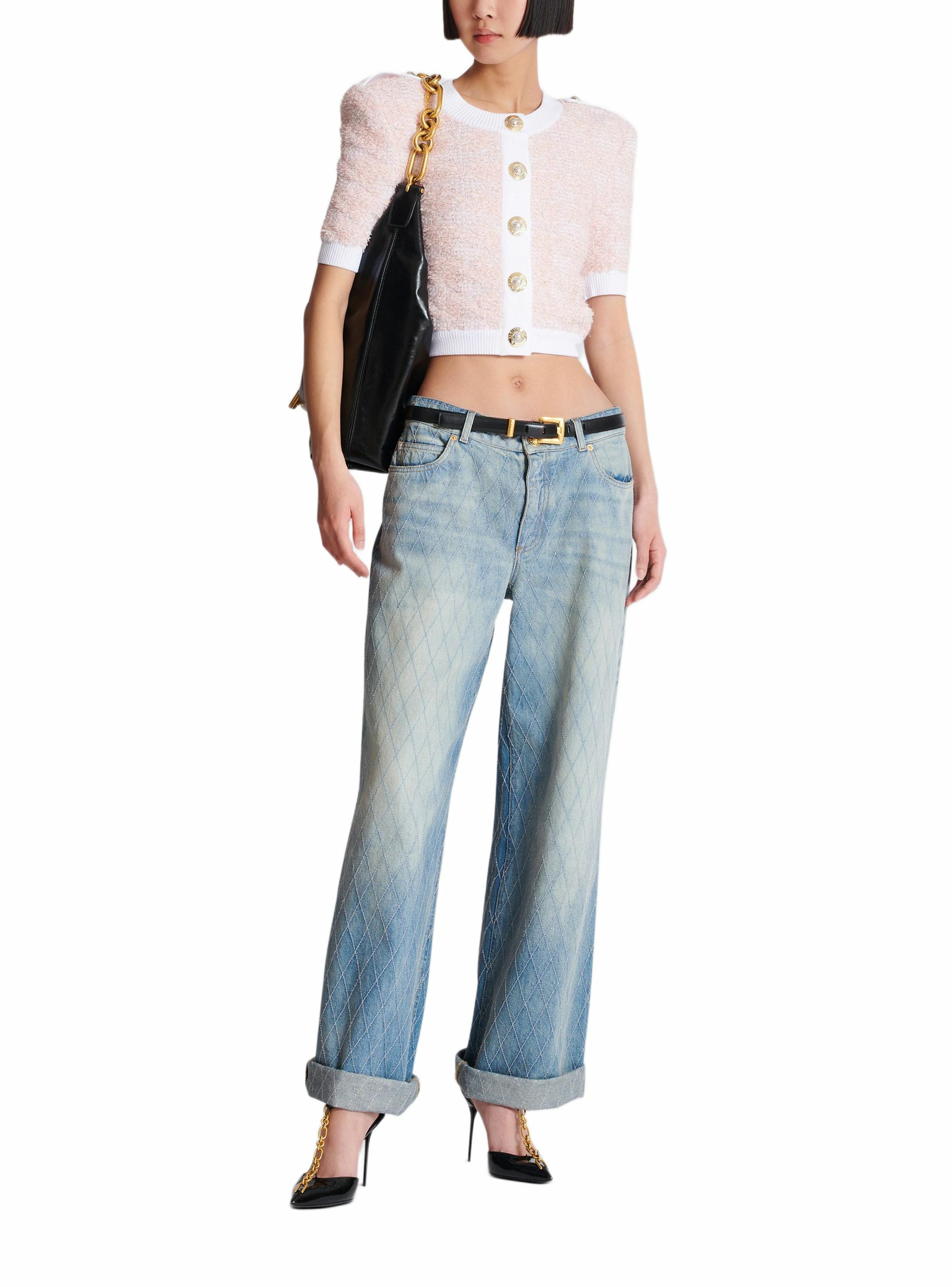 Cardigan à manches courtes en maille BALMAIN Rose