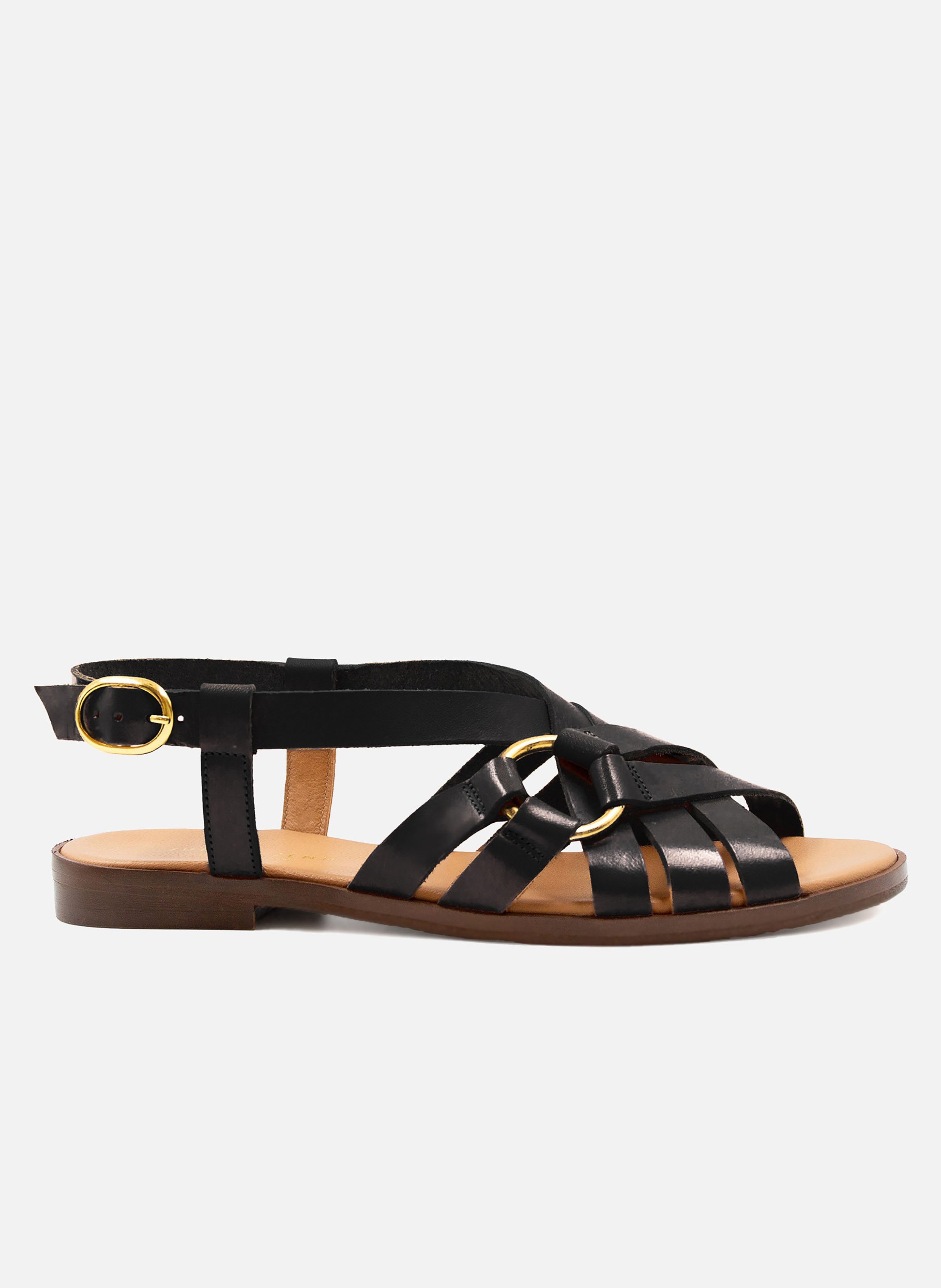 Sandales plates anneau cuir lisse JULES & JENN Noir