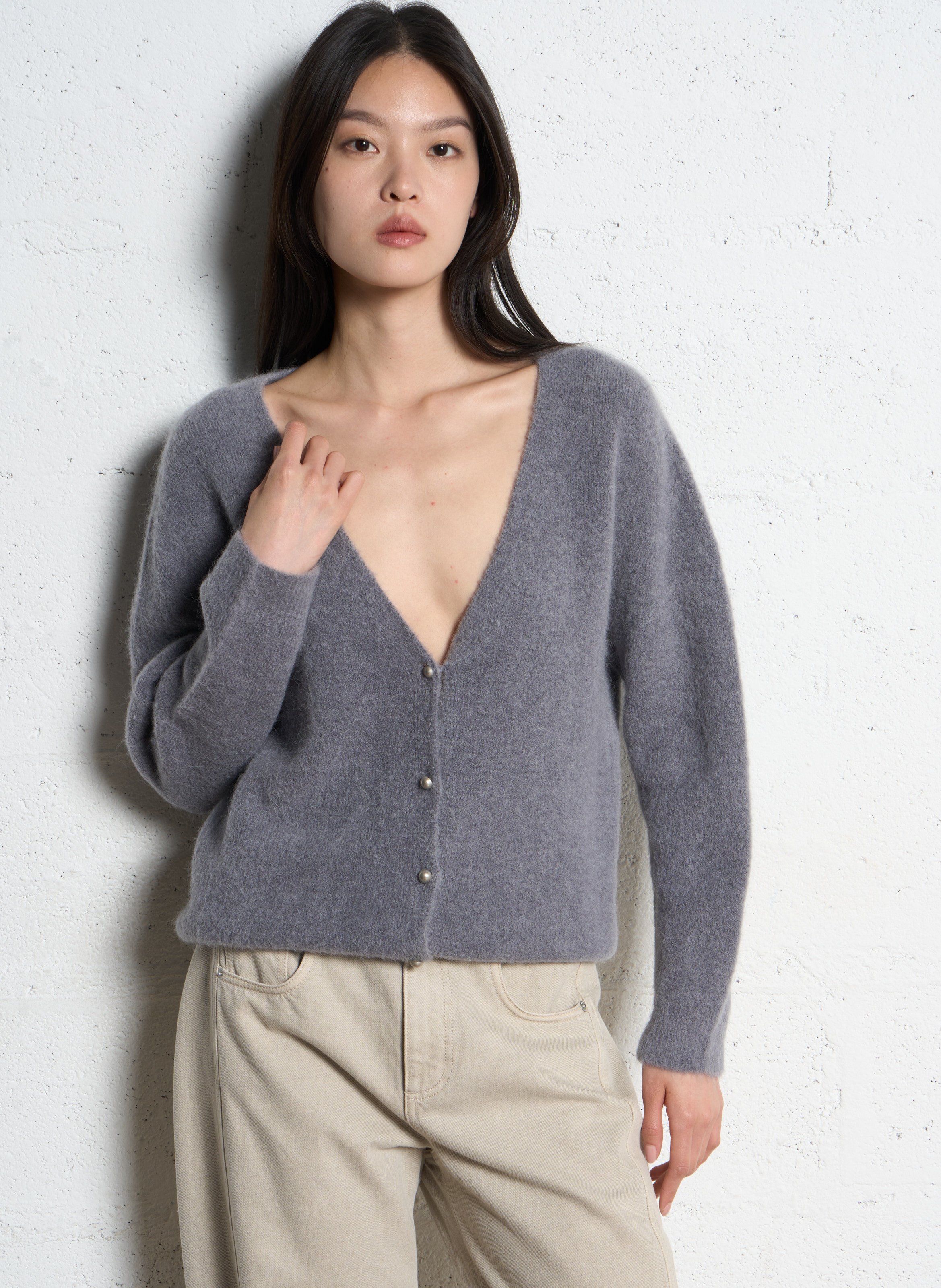 Gilet devant dos col v en laine mélangée IKKS Gris