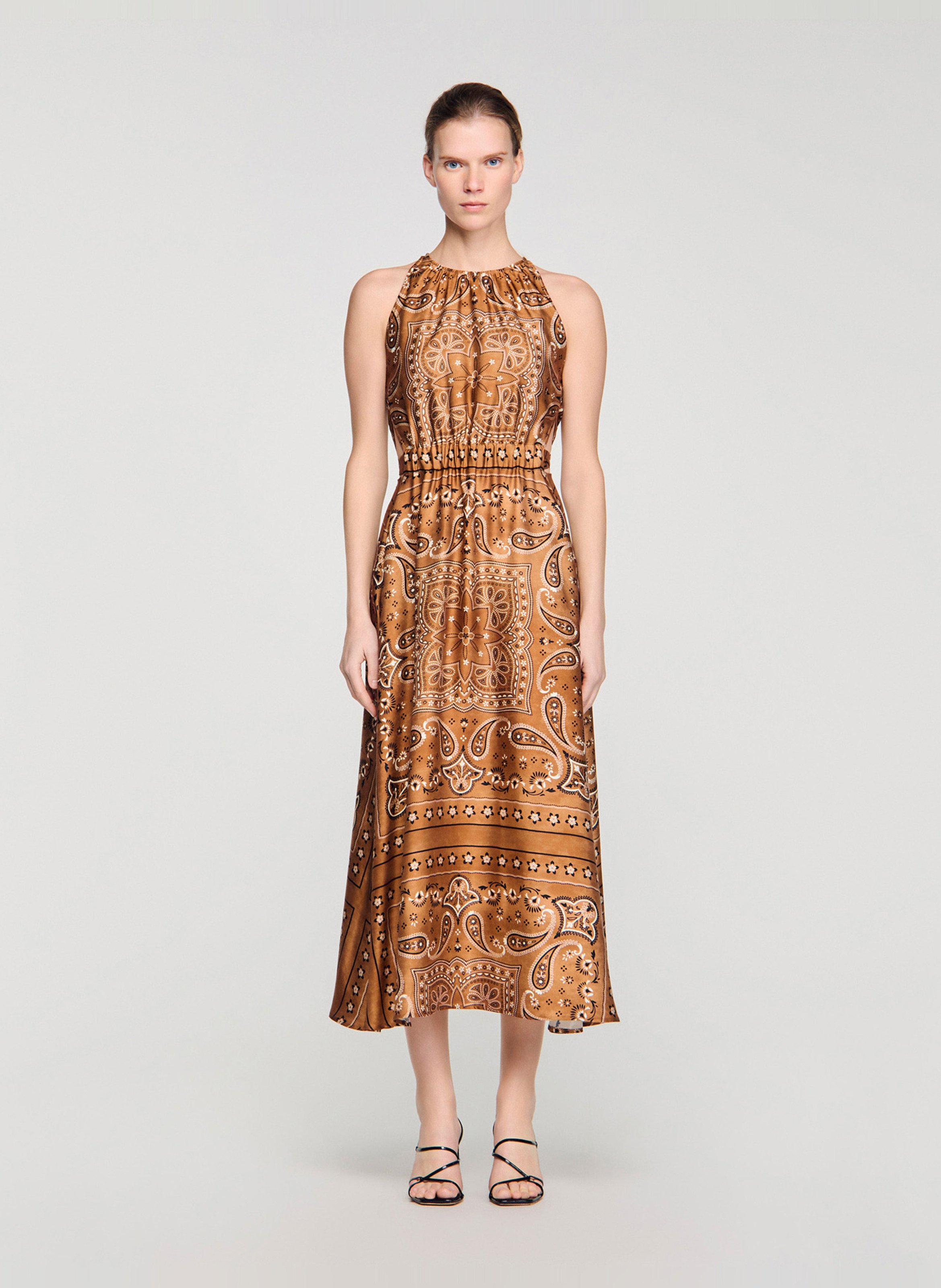Robe midi col rond imprimée SANDRO Marron