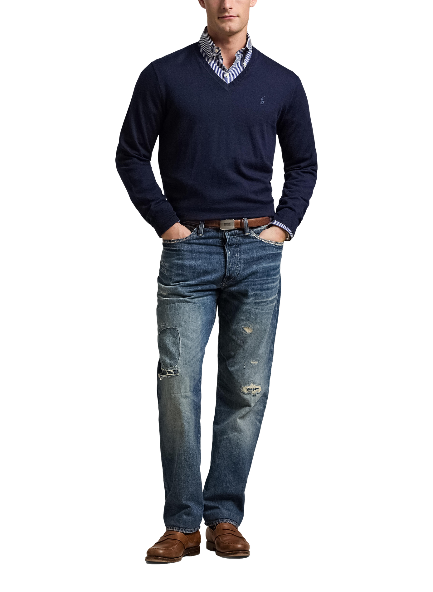 Pull cintré col V en laine POLO RALPH LAUREN Bleu