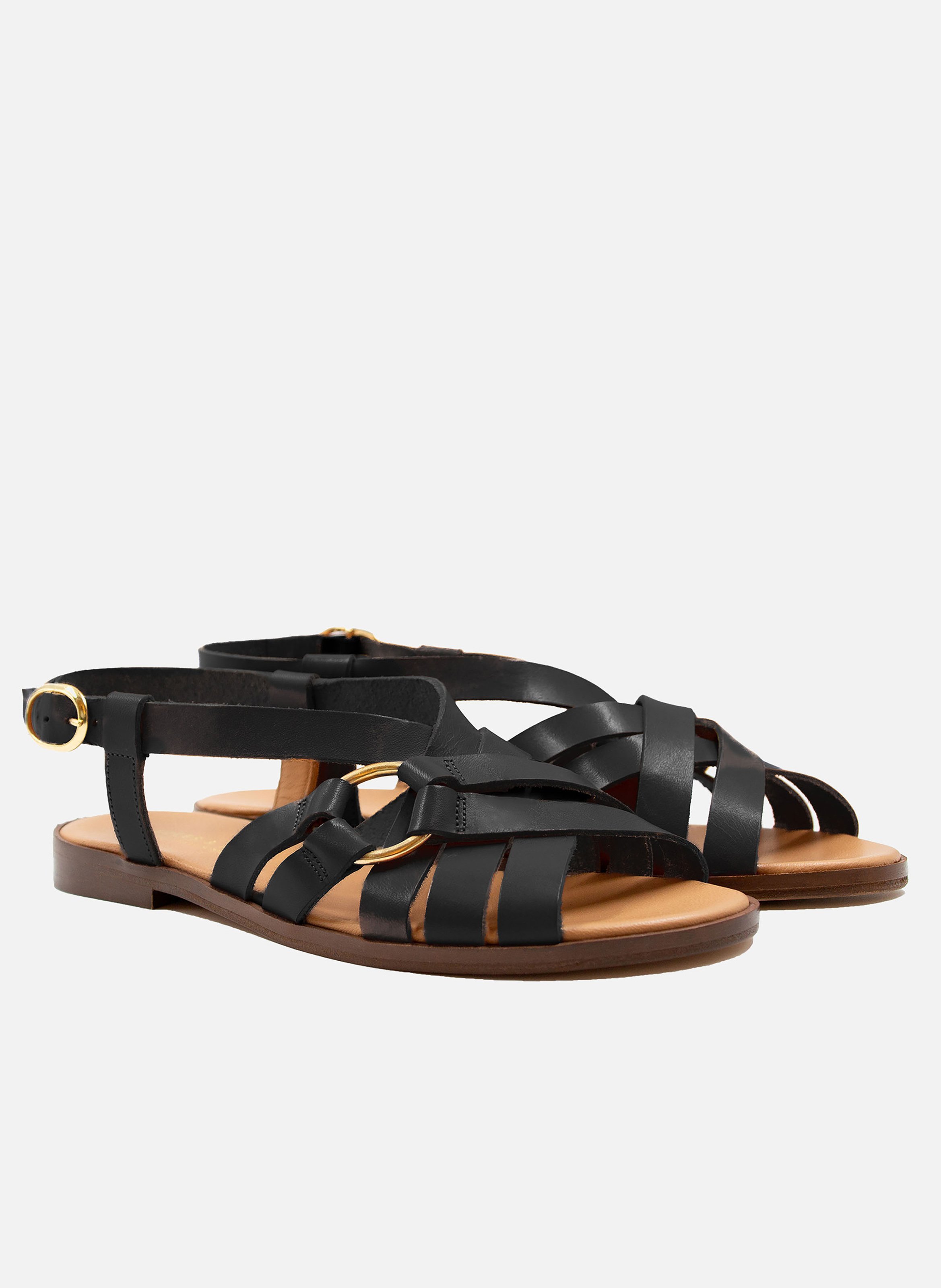 Sandales plates anneau cuir lisse JULES & JENN Noir