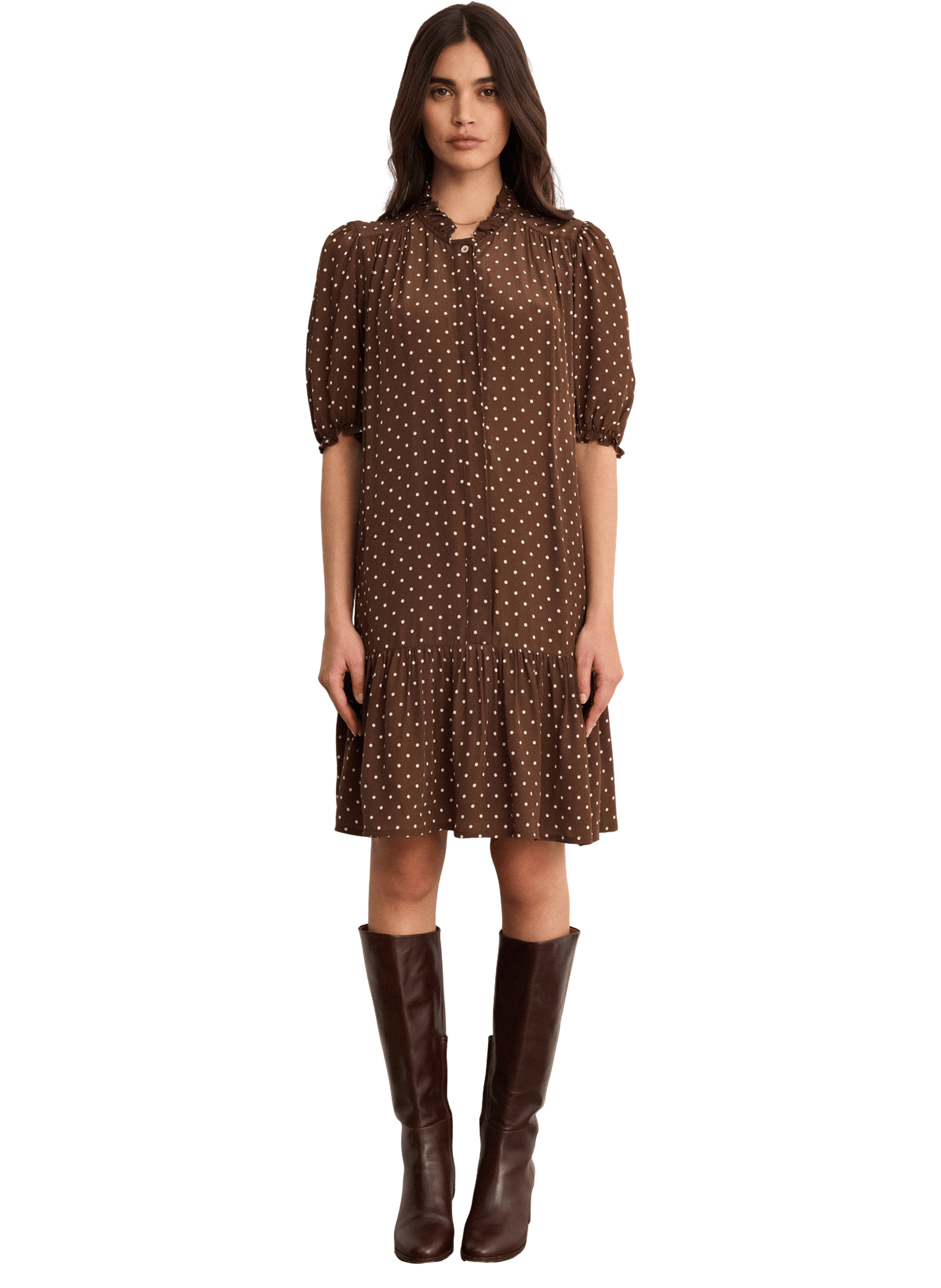 Robe droite à pois et volants - azalee PABLO Marron