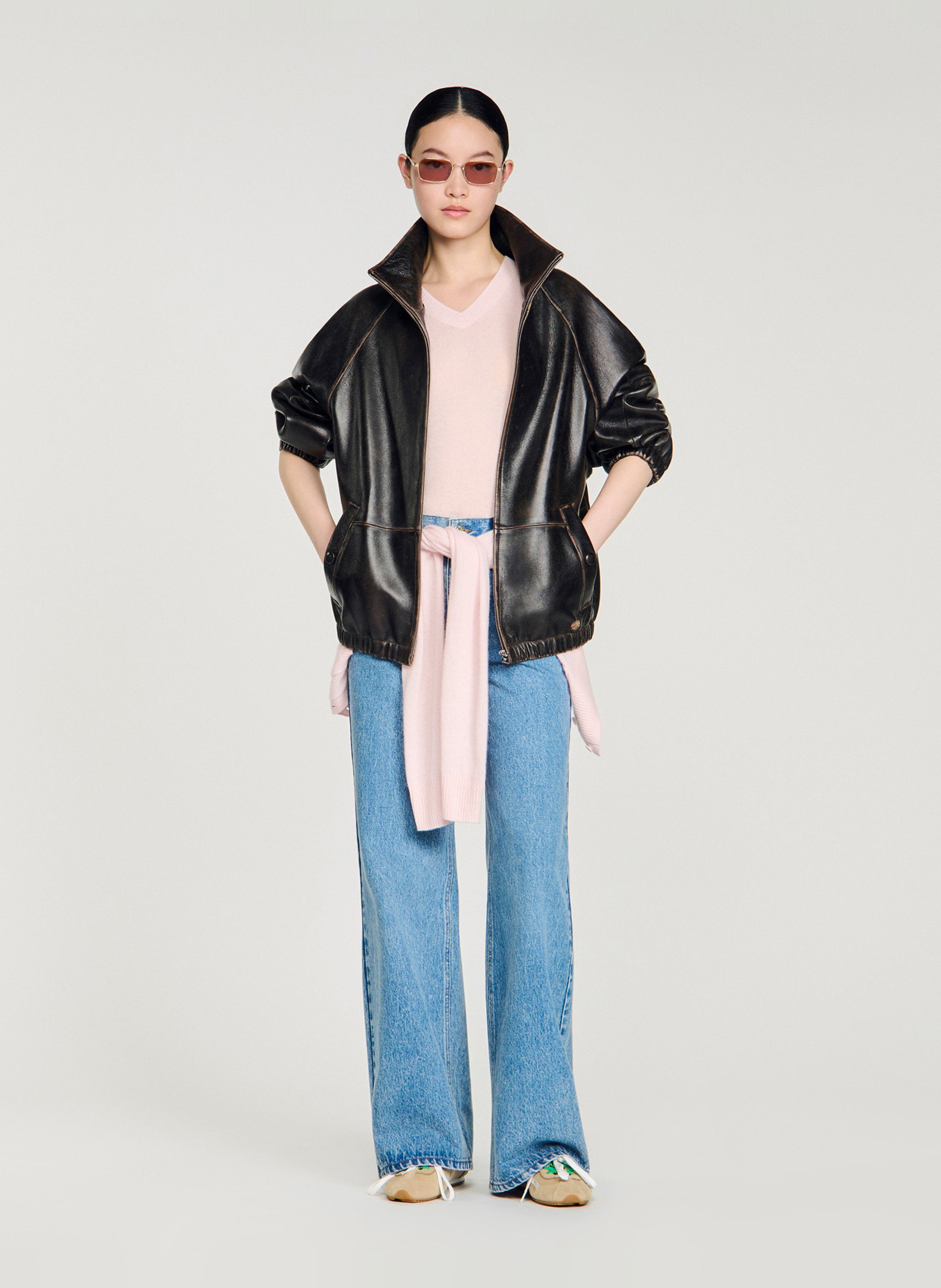 Blouson oversize en cuir SANDRO Marron
