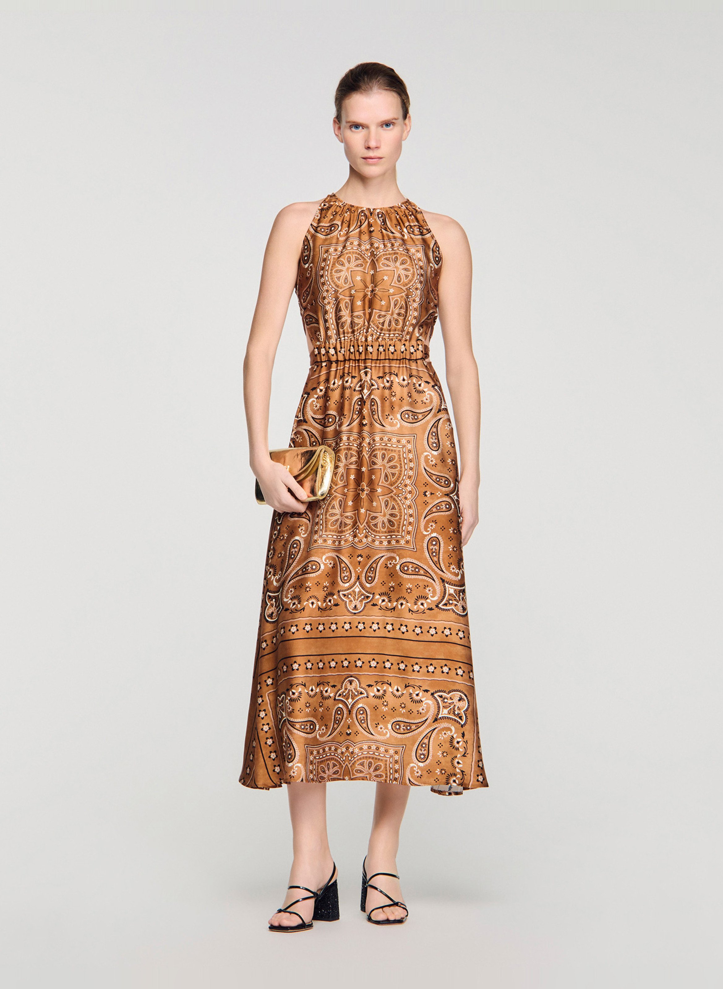 Robe midi col rond imprimée SANDRO Marron