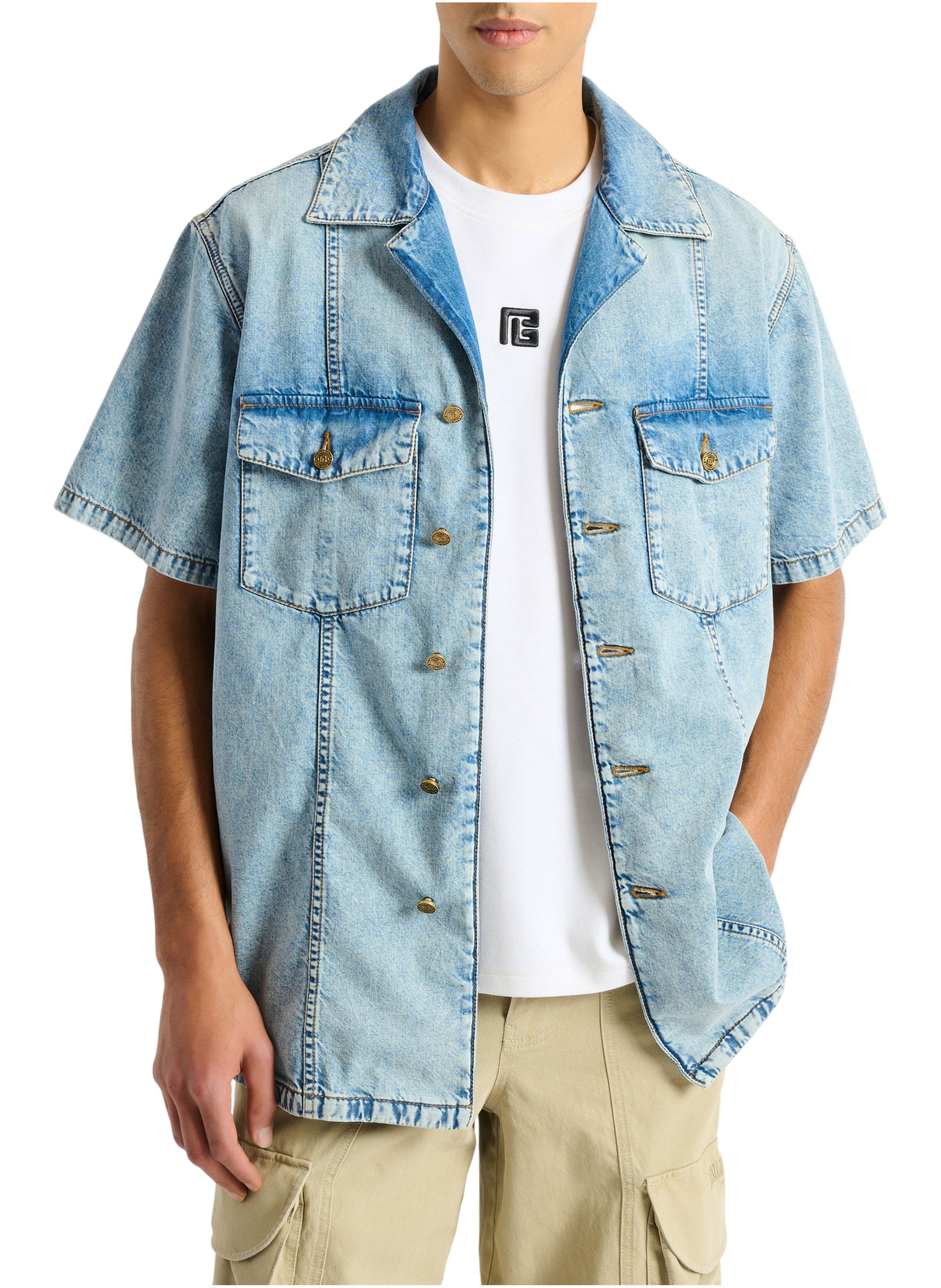 Chemise en denim délavé light blue BALMAIN Bleu