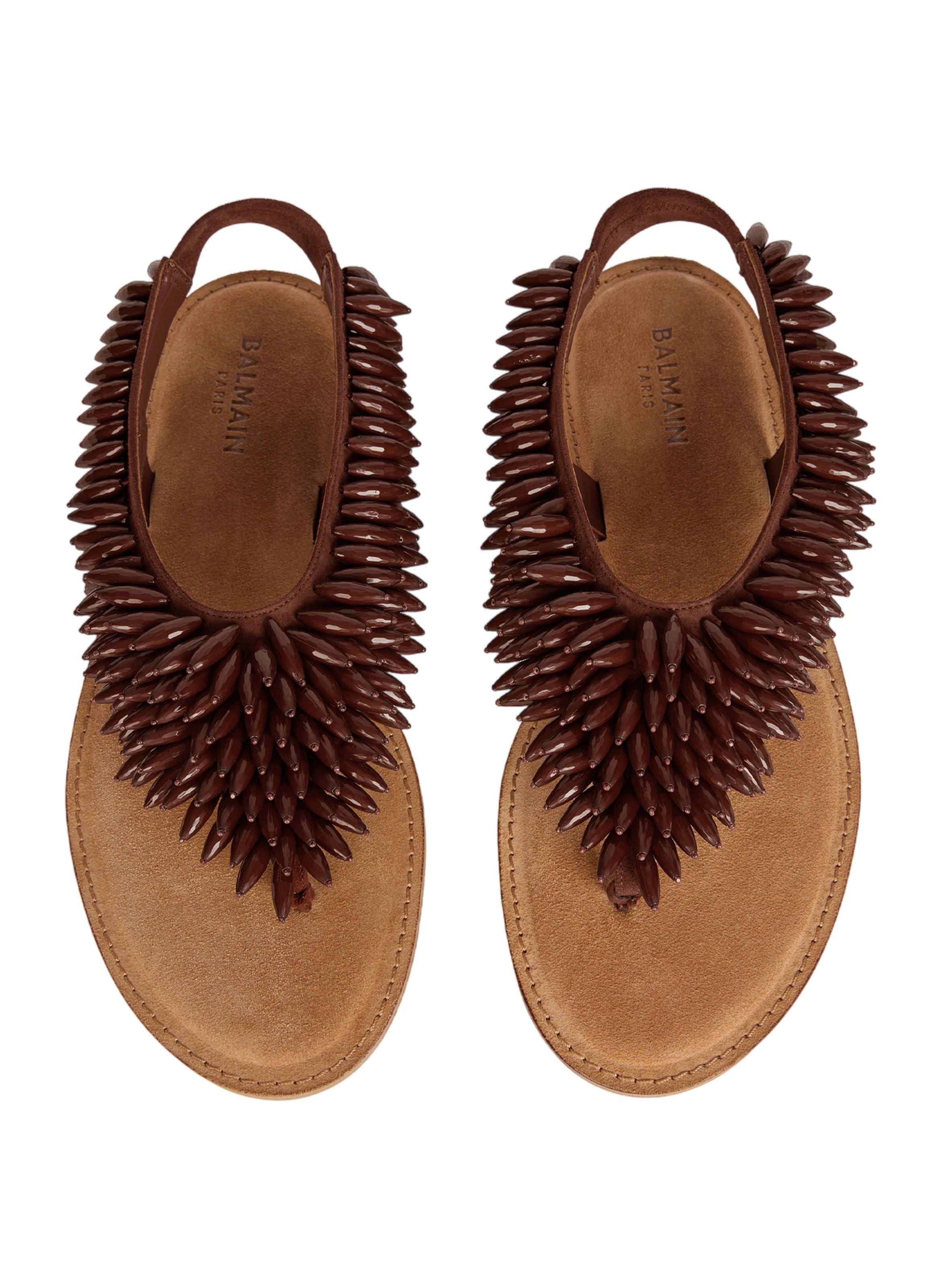 Sandales plates en cuir suédé et perles BALMAIN Marron