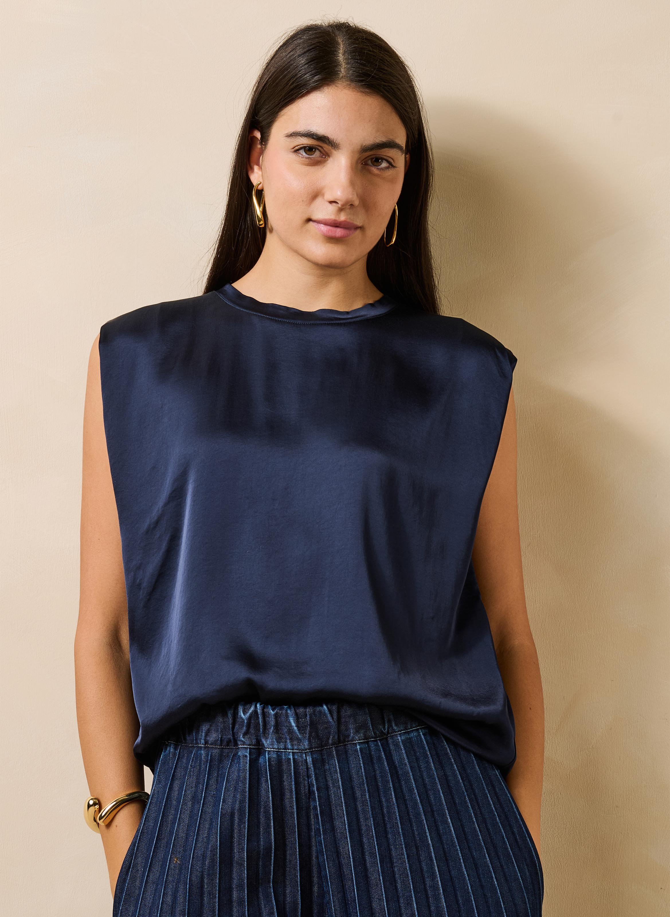 Effen satijnen mouwloze top LA FEE MARABOUTEE Blauw