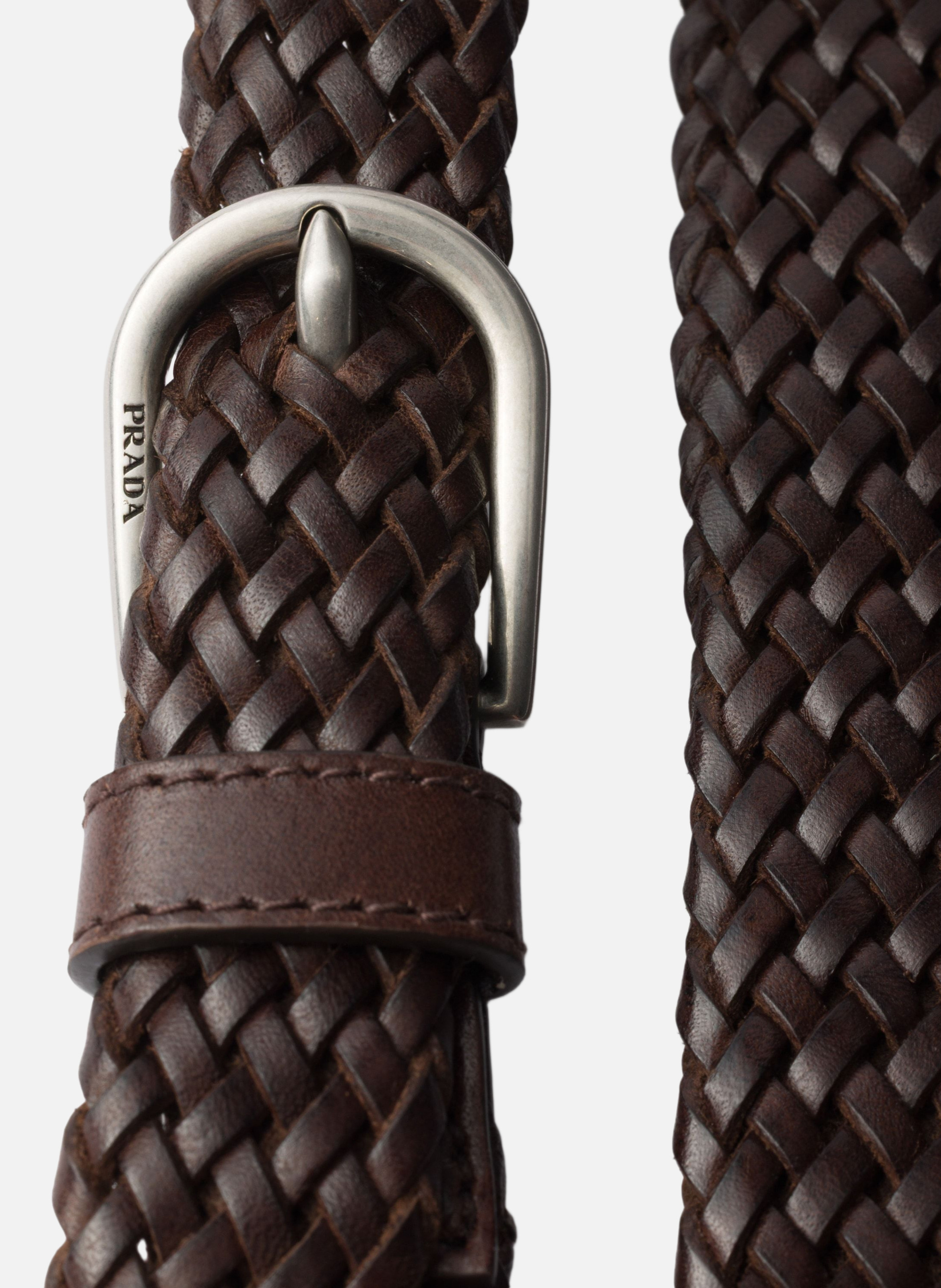 Ceinture fine en cuir tressé PRADA Marron