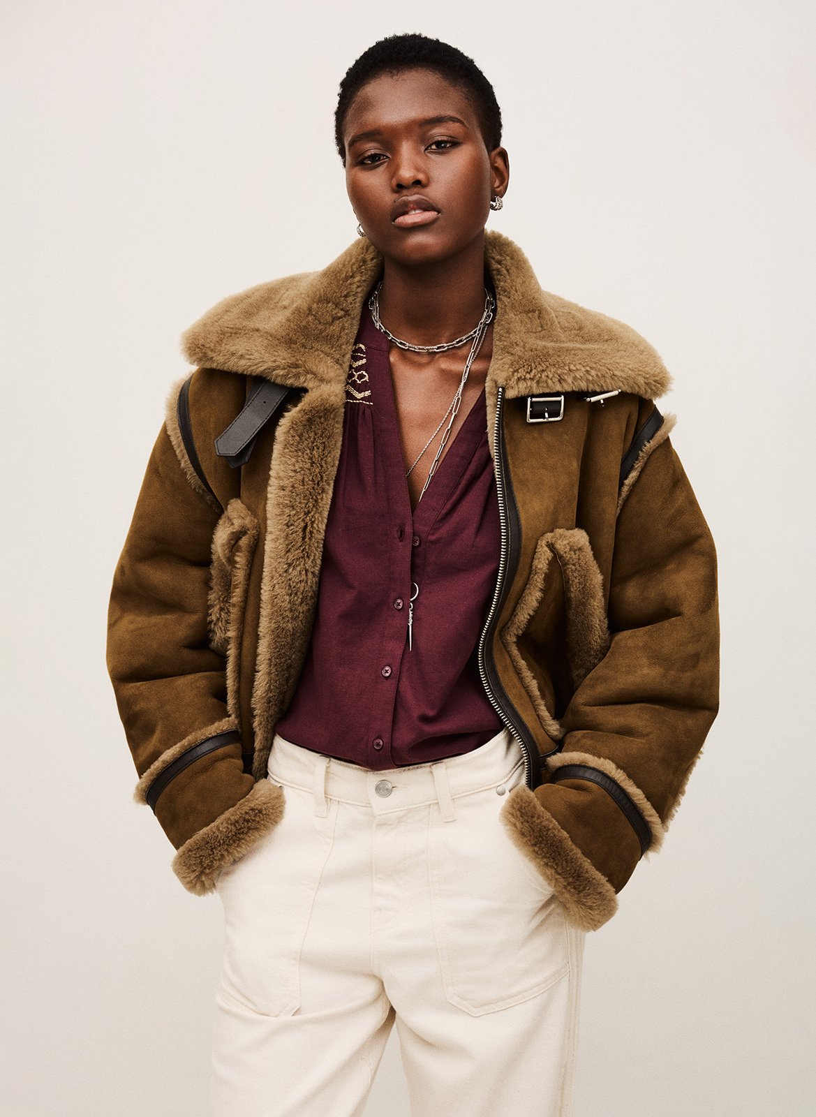 Veste droite col rabattu en cuir velours duli BA&SH Marron