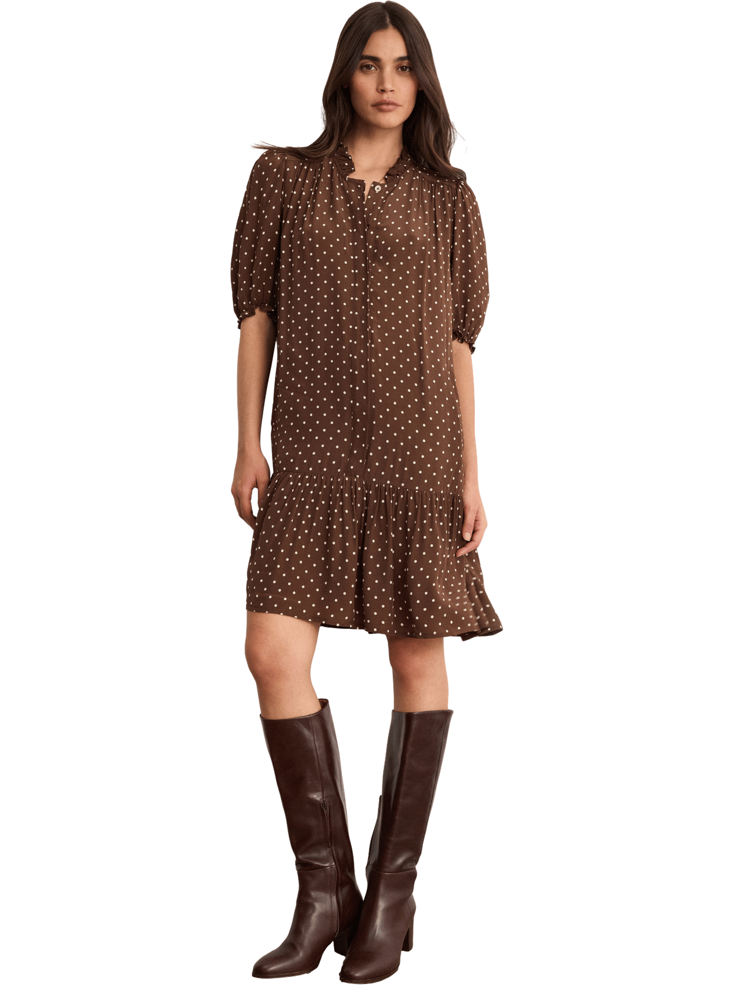 Robe droite à pois et volants - azalee PABLO Marron