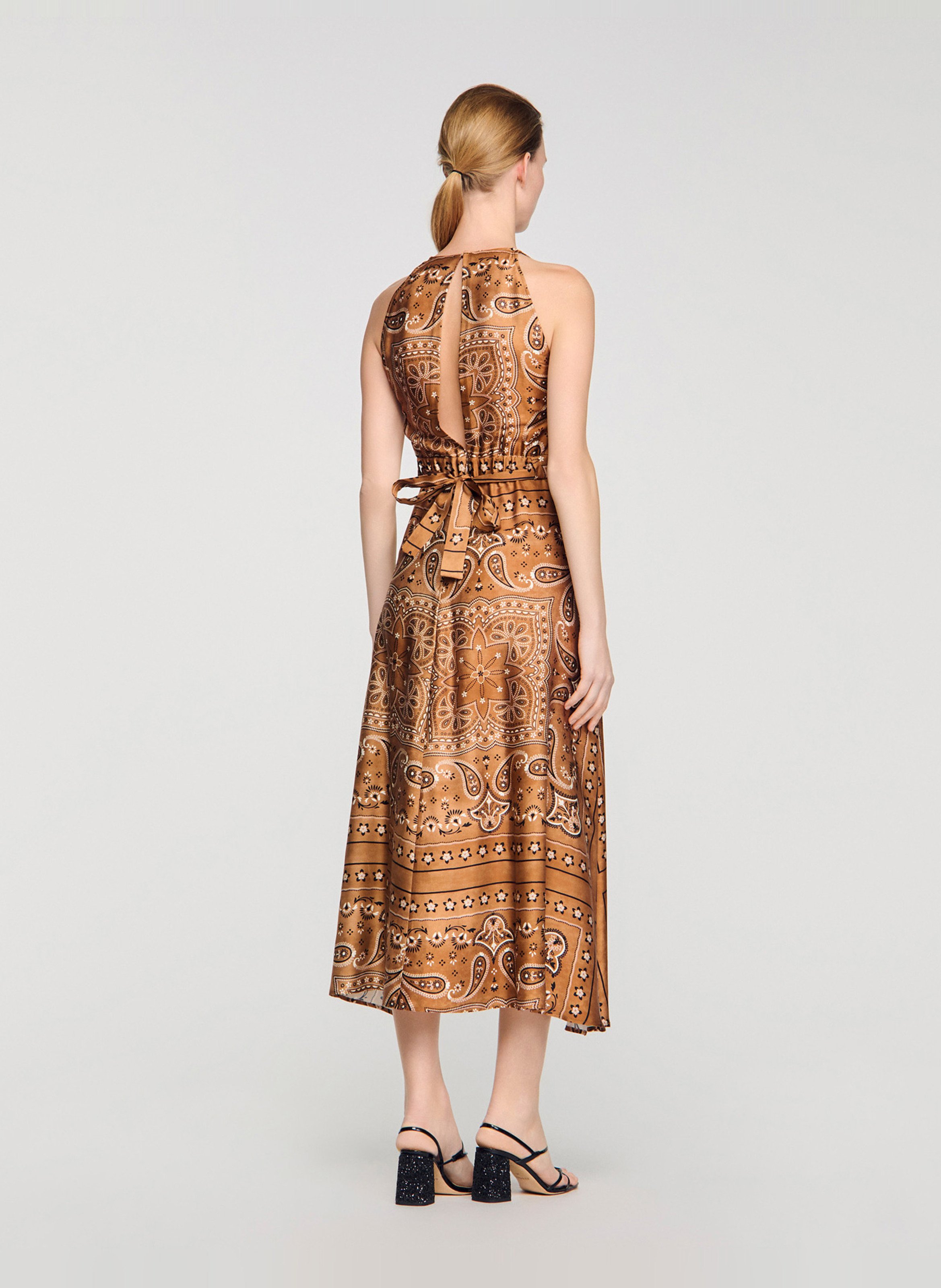 Robe midi col rond imprimée SANDRO Marron
