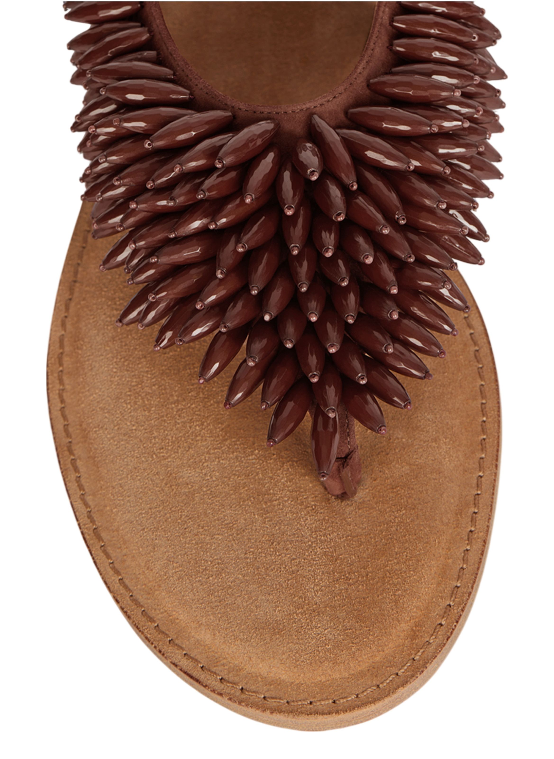 Sandales plates en cuir suédé et perles BALMAIN Marron