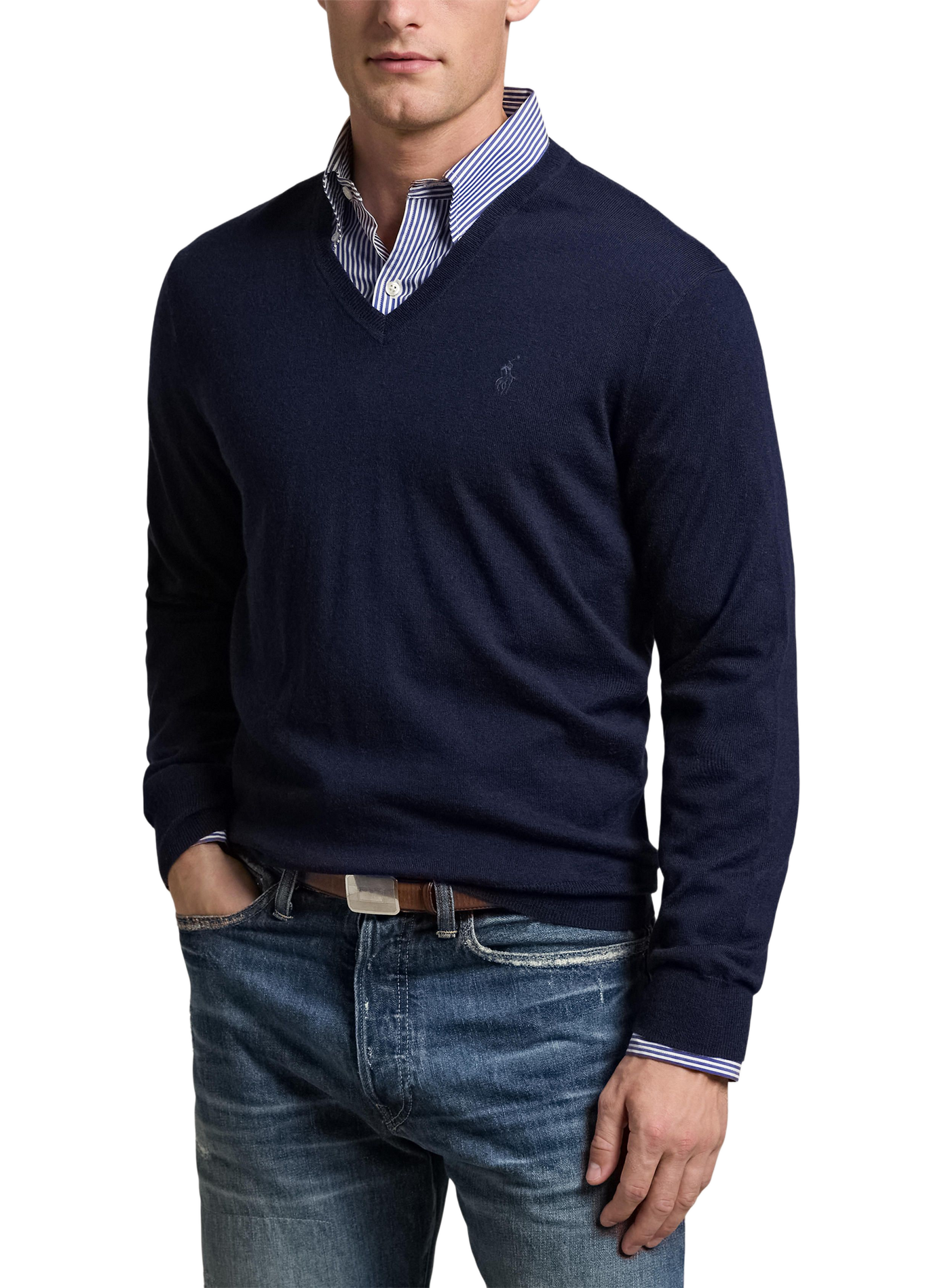 Pull cintré col V en laine POLO RALPH LAUREN Bleu