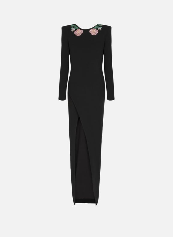 Robe longue dos-nu brodée roses Noir by BALMAIN BALMAIN Robe longue dos-nu brodée roses Noir