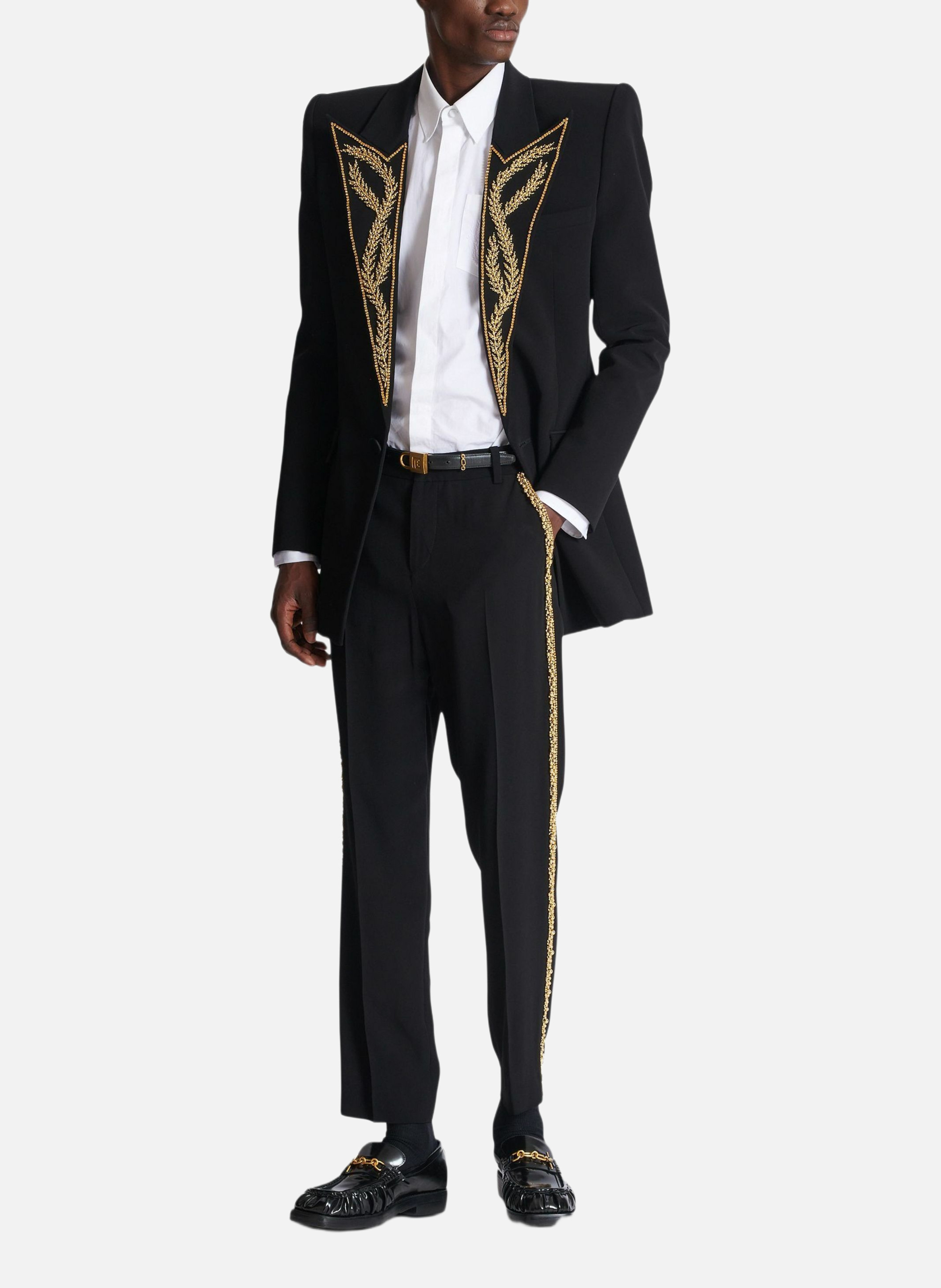 Pantalon tailleur droit en crêpe brodé BALMAIN Noir