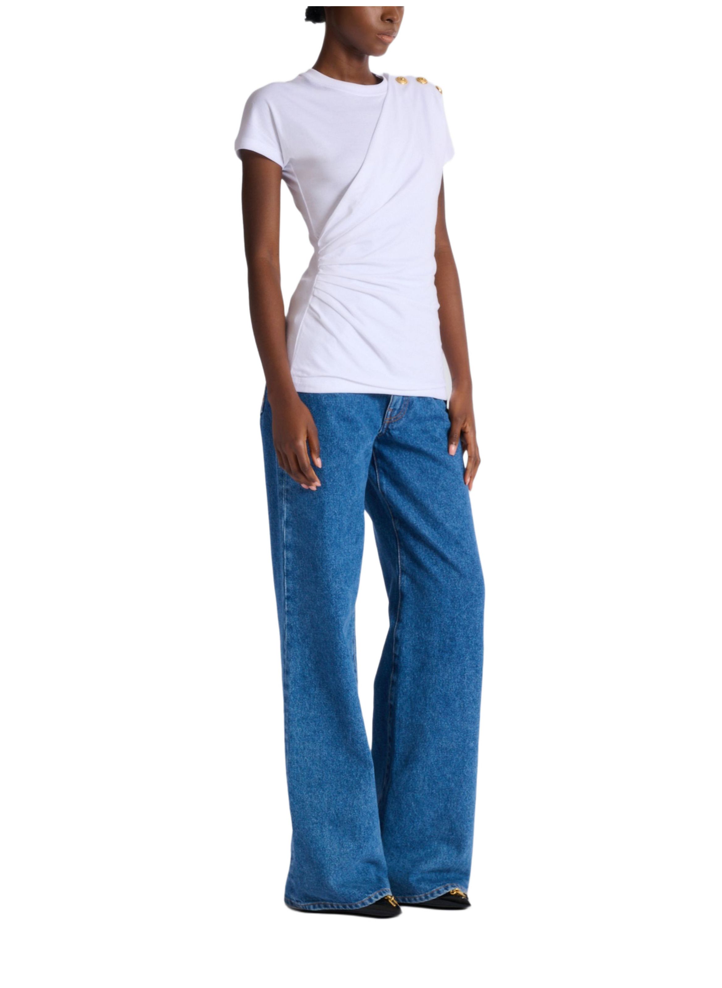 T-shirt à manches courtes drapé en jersey BALMAIN Blanc