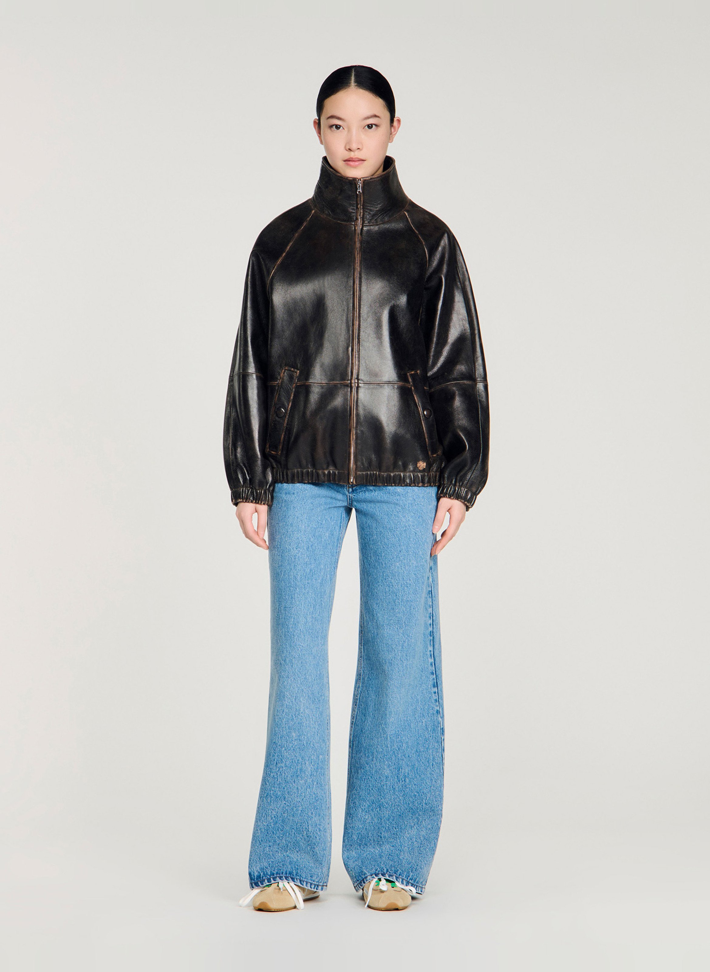 Blouson oversize en cuir SANDRO Marron