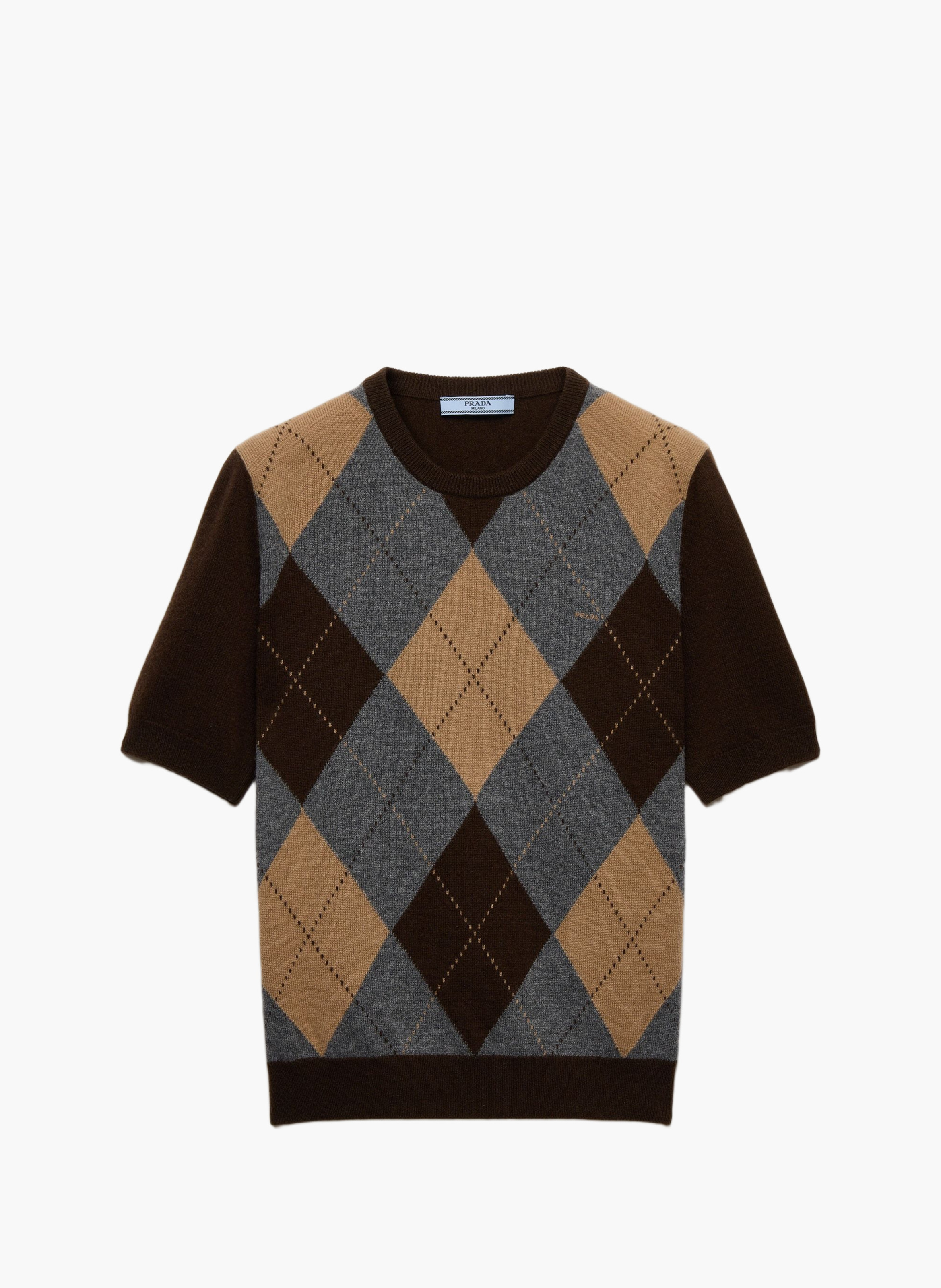 Pull en cachemire à manches courtes à motif argyle PRADA Marron
