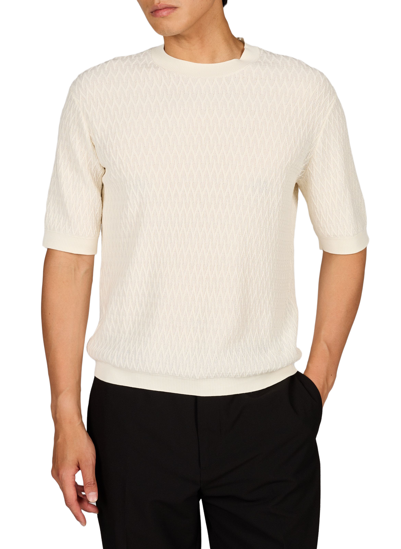 Pull à manches courtes à chevrons en maille de coton EMPORIO ARMANI Blanc