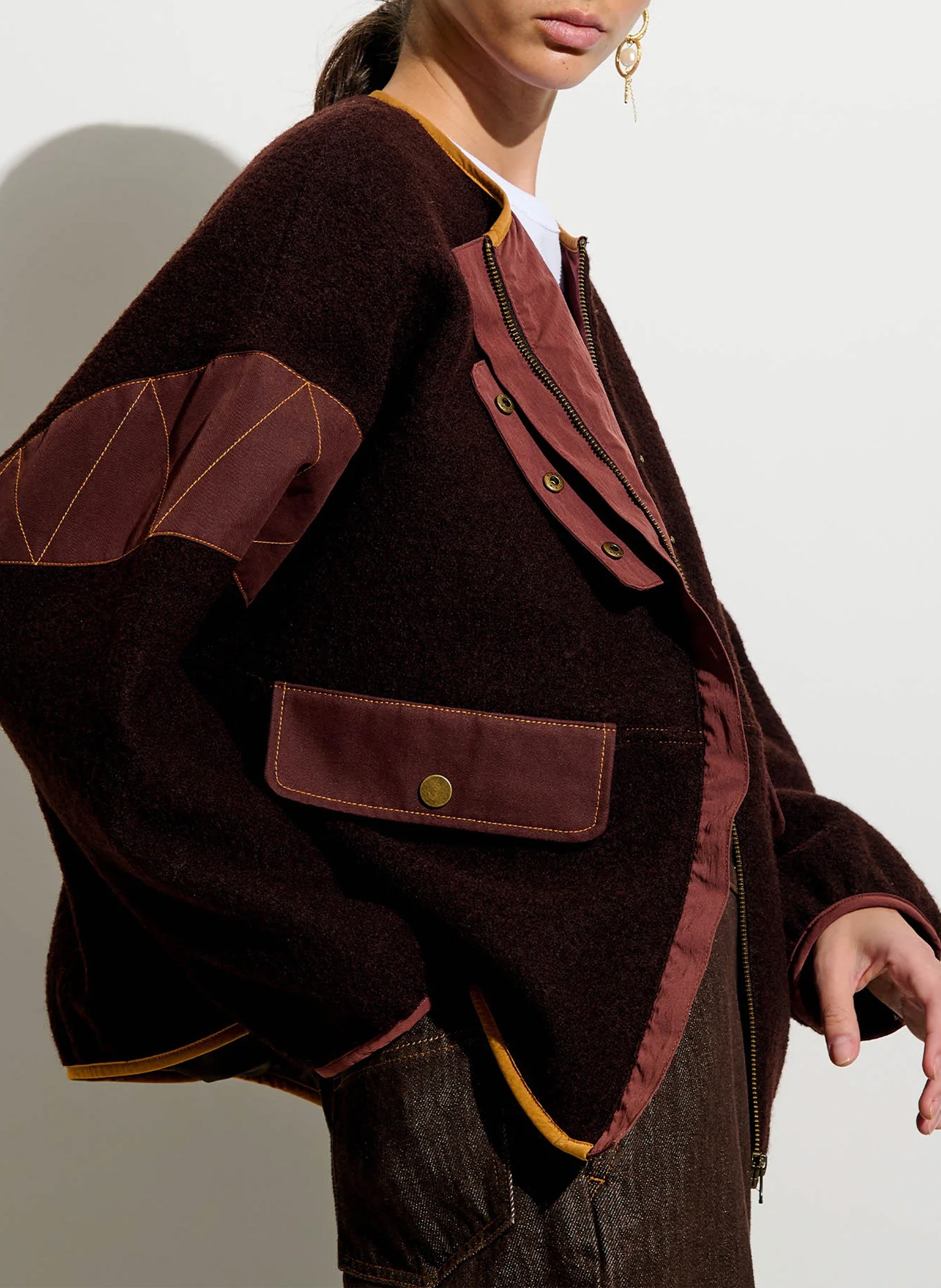 Veste ronde à détails denim en laine cold night SESSUN Marron