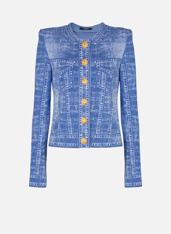 Cardigan en maille jacquard avec trompe-l'œil denim Bleu by BALMAIN BALMAIN Cardigan en maille jacquard avec trompe-l'œil denim Bleu
