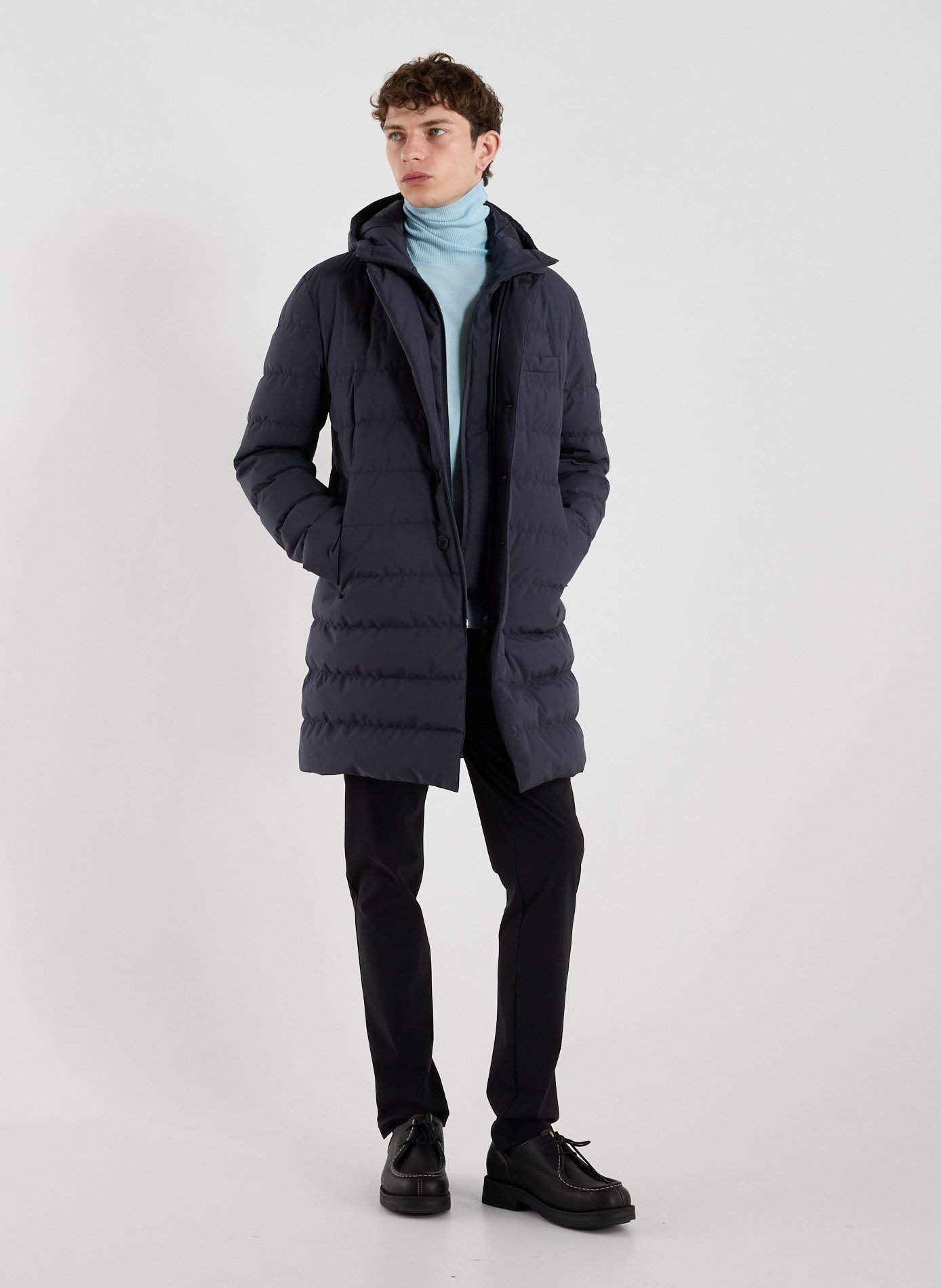 Quilted mid-length hooded puffer jacket HERNO Blue