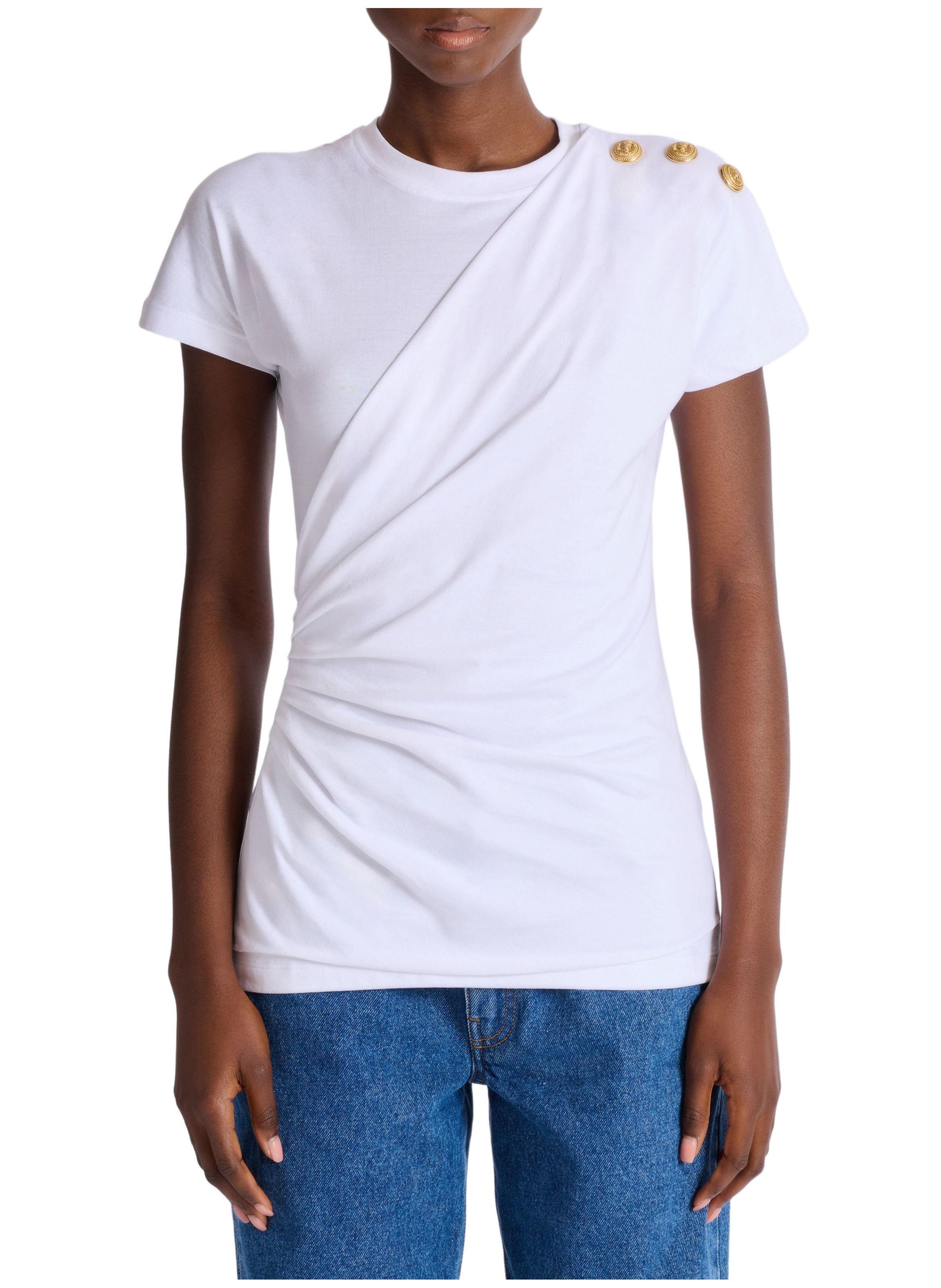 T-shirt à manches courtes drapé en jersey BALMAIN Blanc
