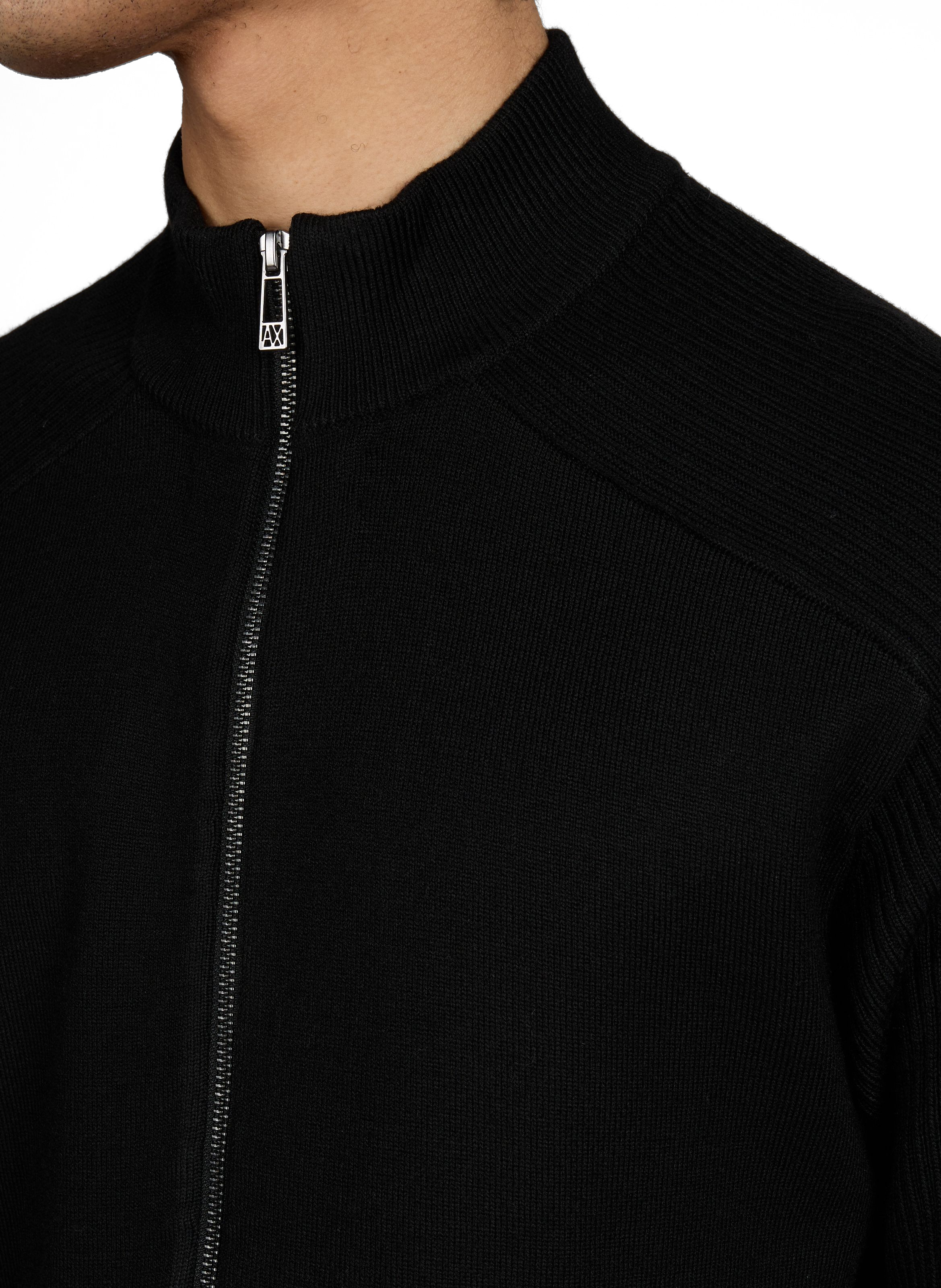 Gilet zippé à col montant en laine vierge et coton mélangés Noir