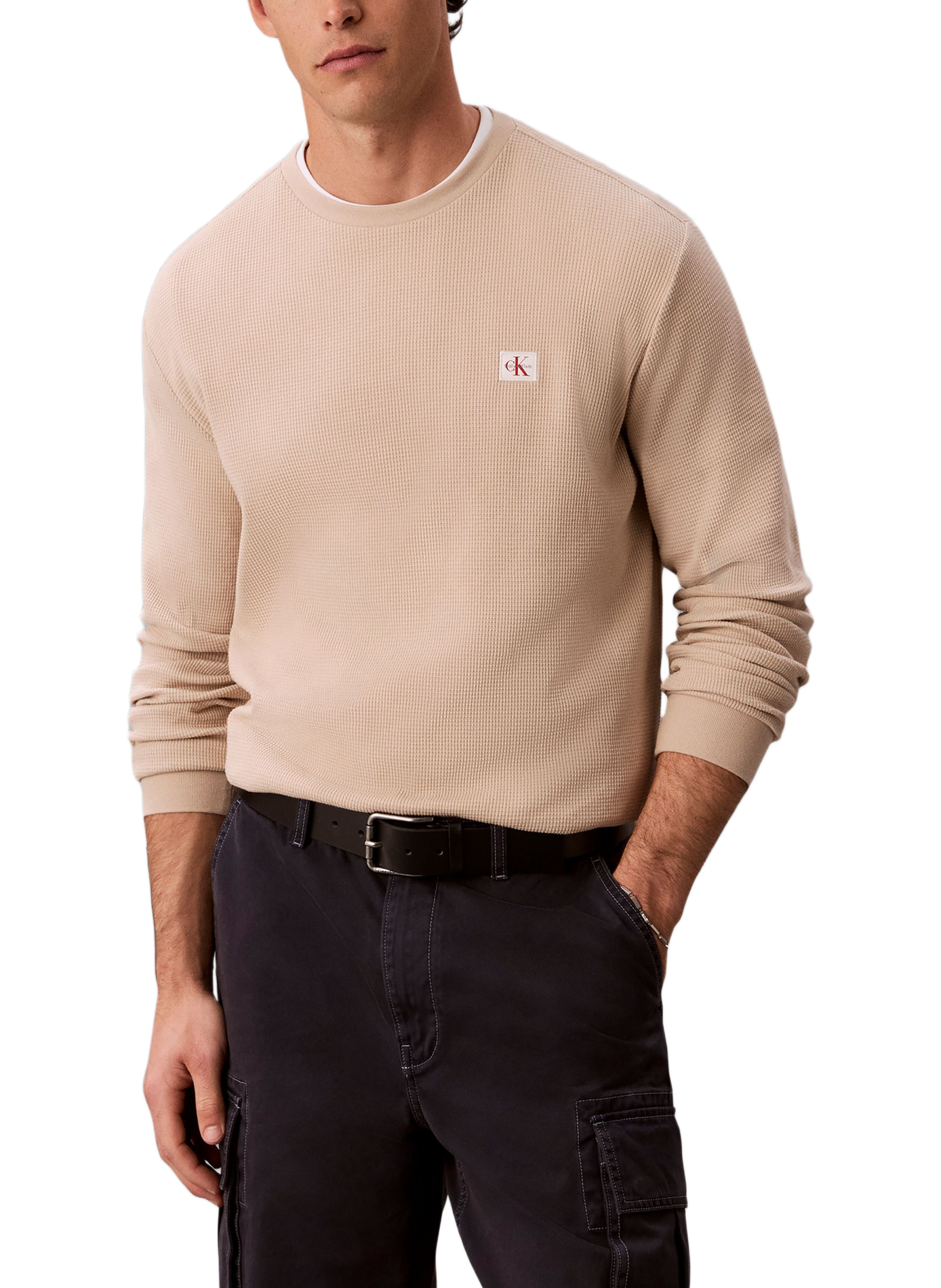 Tee-shirt col rond en coton mélangé CALVIN KLEIN Beige