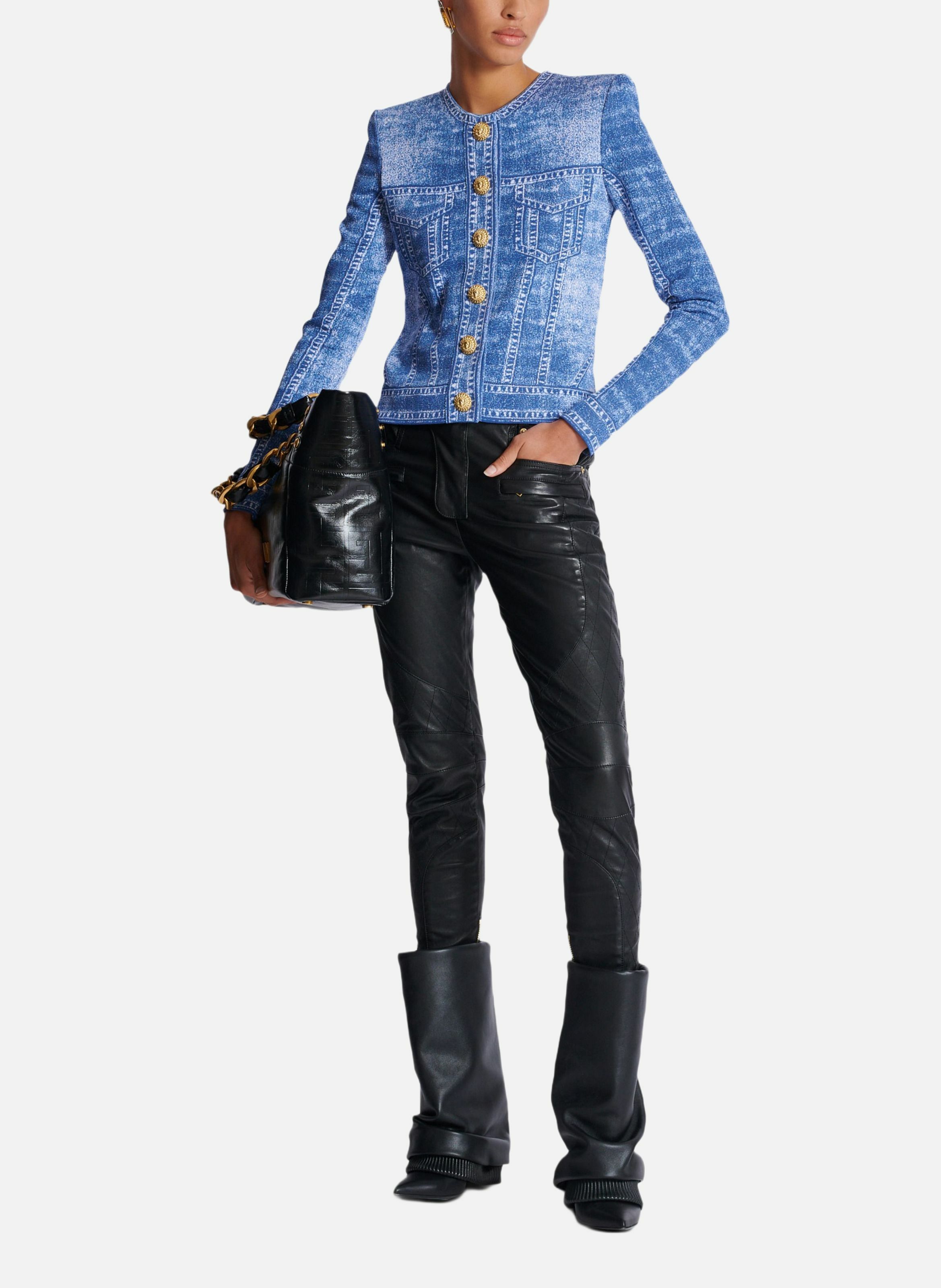 Cardigan en maille jacquard avec trompe-l'œil denim Bleu