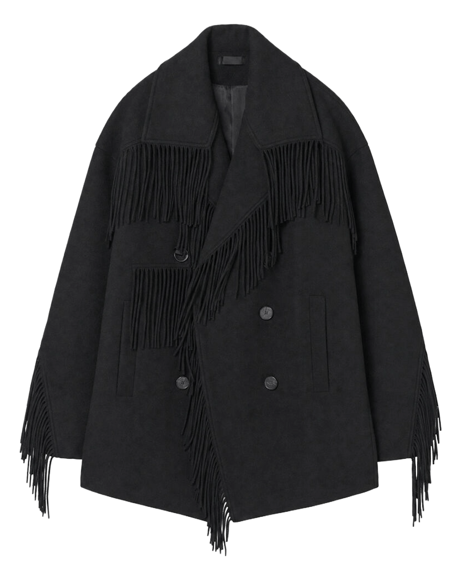 Ruime drifterjas met franjes van wolmix | Zwart IRO Dames