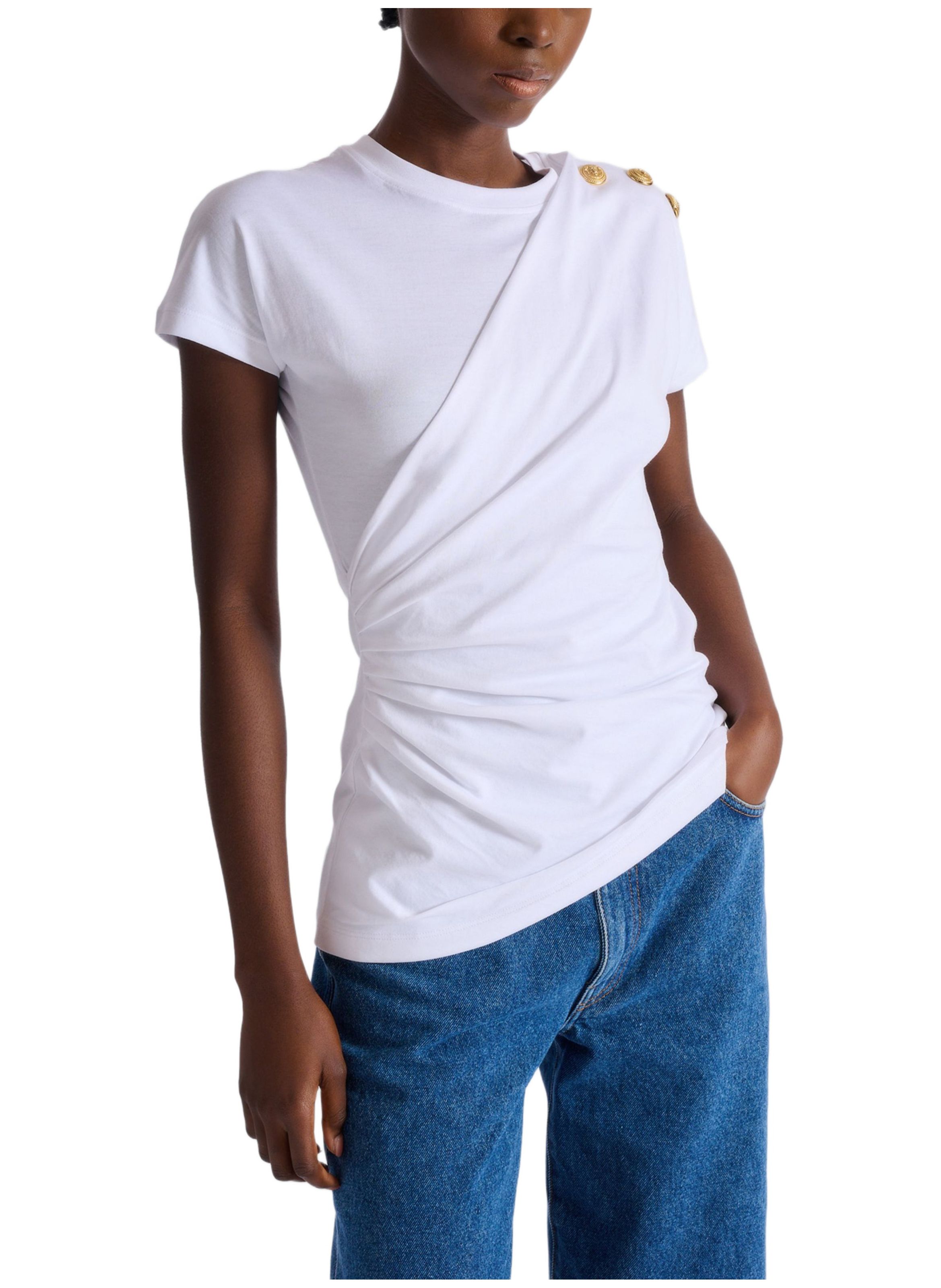 T-shirt à manches courtes drapé en jersey BALMAIN Blanc