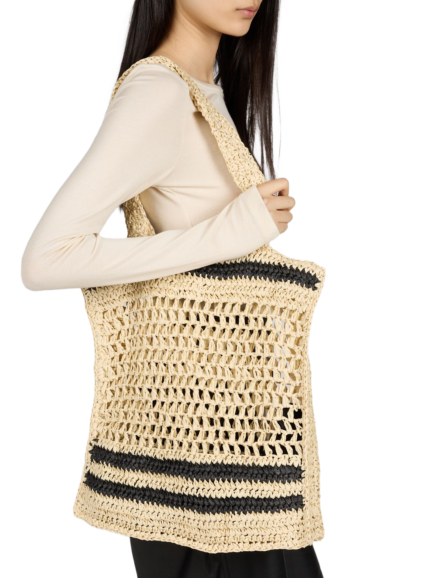 Panier paperstraw ouvert rayé AU PRINTEMPS PARIS Noir