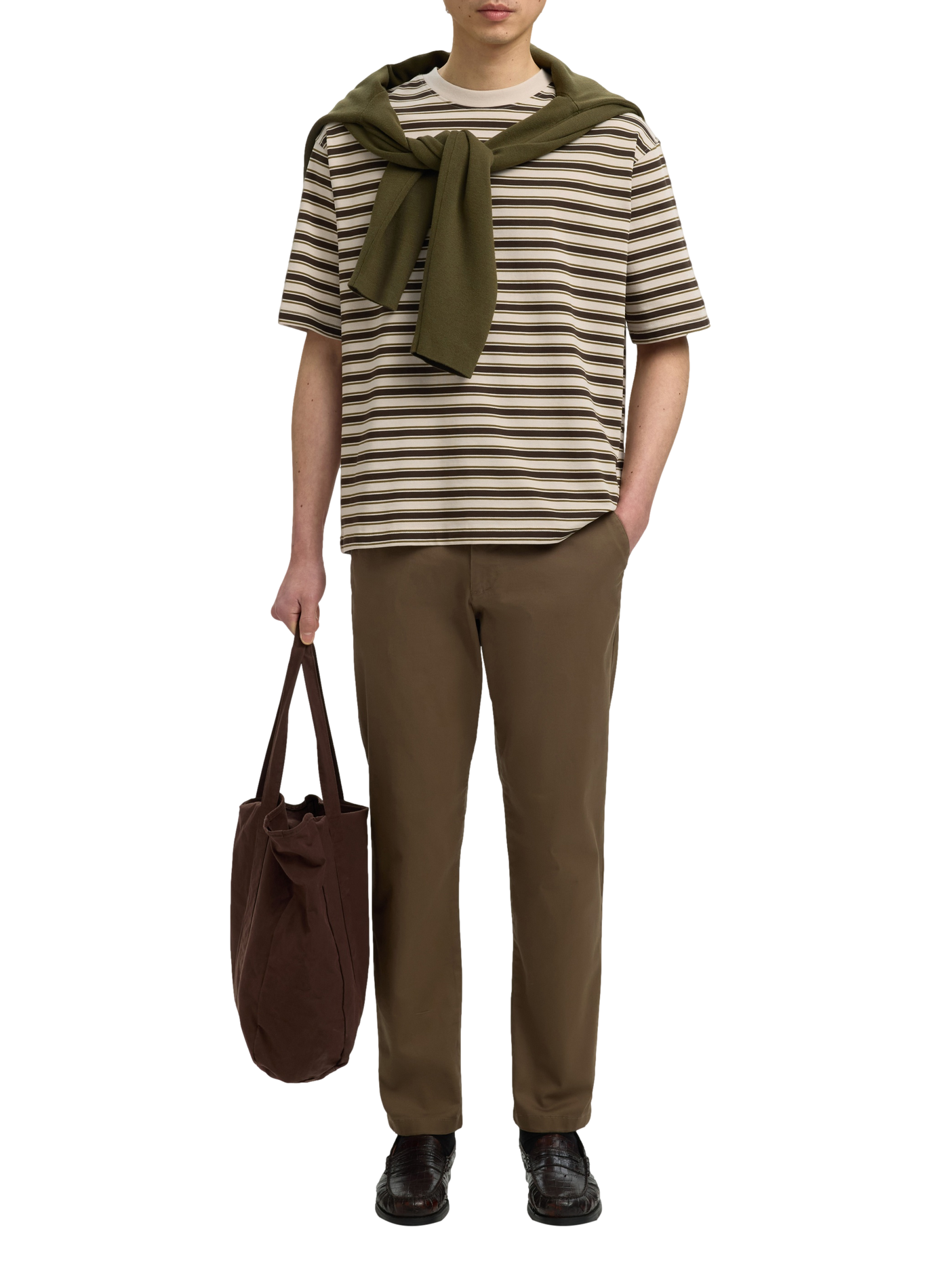 Striped cotton T-shirt SELECTED Beige