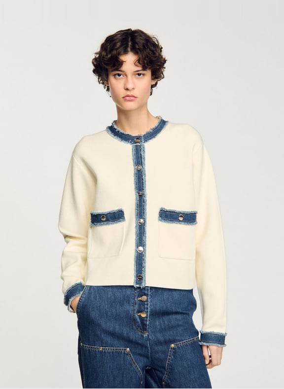 Cardigan à détails denim en coton Blanc by SANDRO SANDRO Cardigan à détails denim en coton Blanc