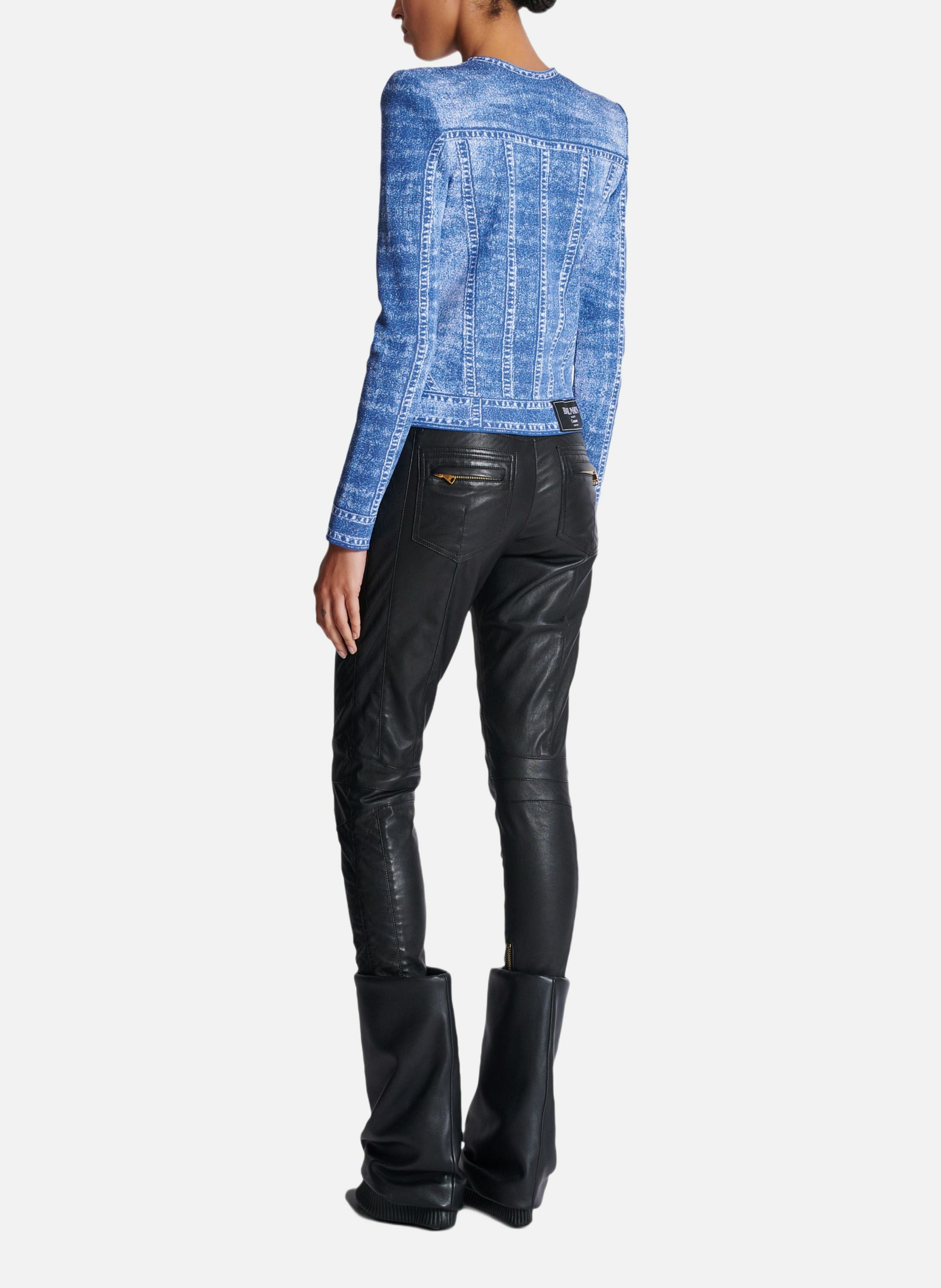 Cardigan en maille jacquard avec trompe-l'œil denim Bleu