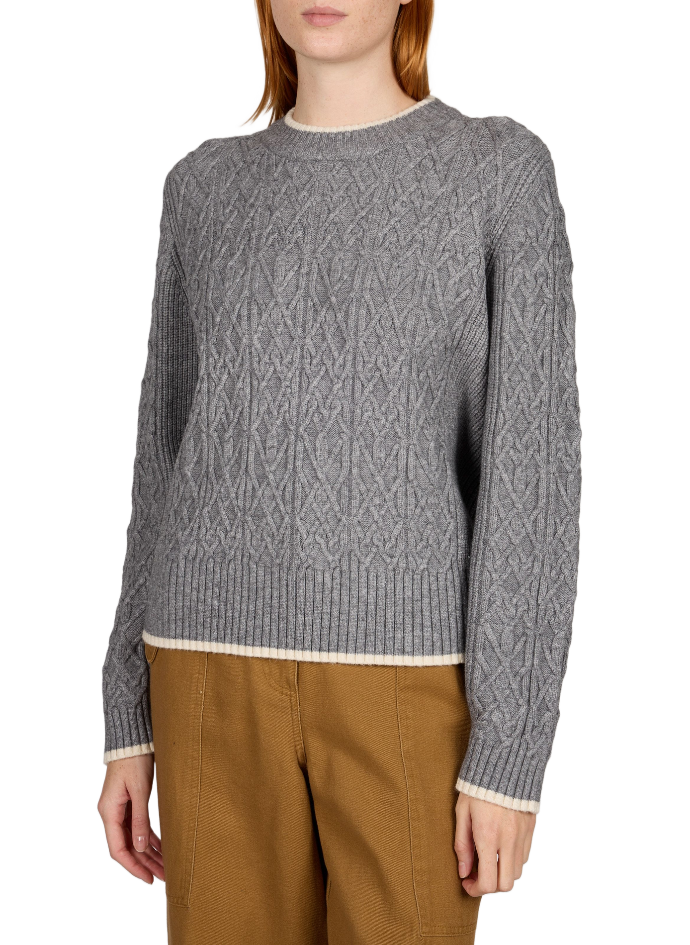 Gerader, einfarbiger Pullover mit Rundhalsausschnitt und Zopfmuster OBJECT Grau